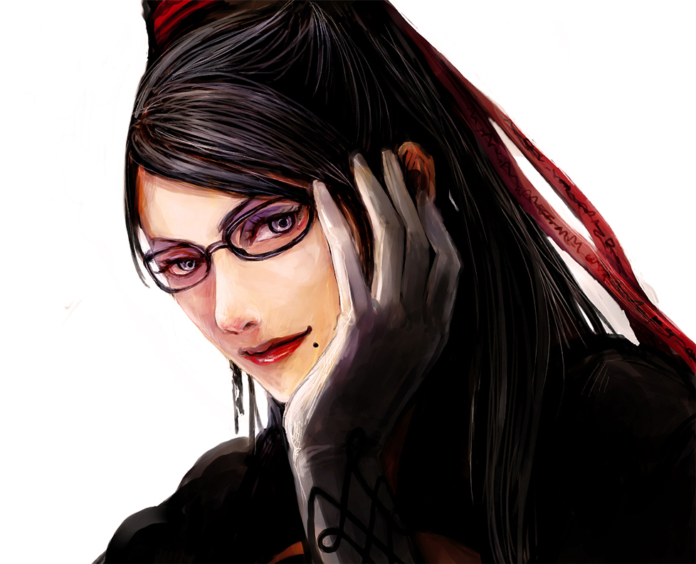 tsuyomaru, bayonetta, bayonetta (series), bayonetta 1, bad id, bad pixiv id, traditional media, 1girl, black hair, eyeshadow, female focus, glasses, gloves, hair ribbon, lipstick, long hair, makeup, mole, mole under mouth, portrait, purple eyes, ribbon, simple background, solo, white background