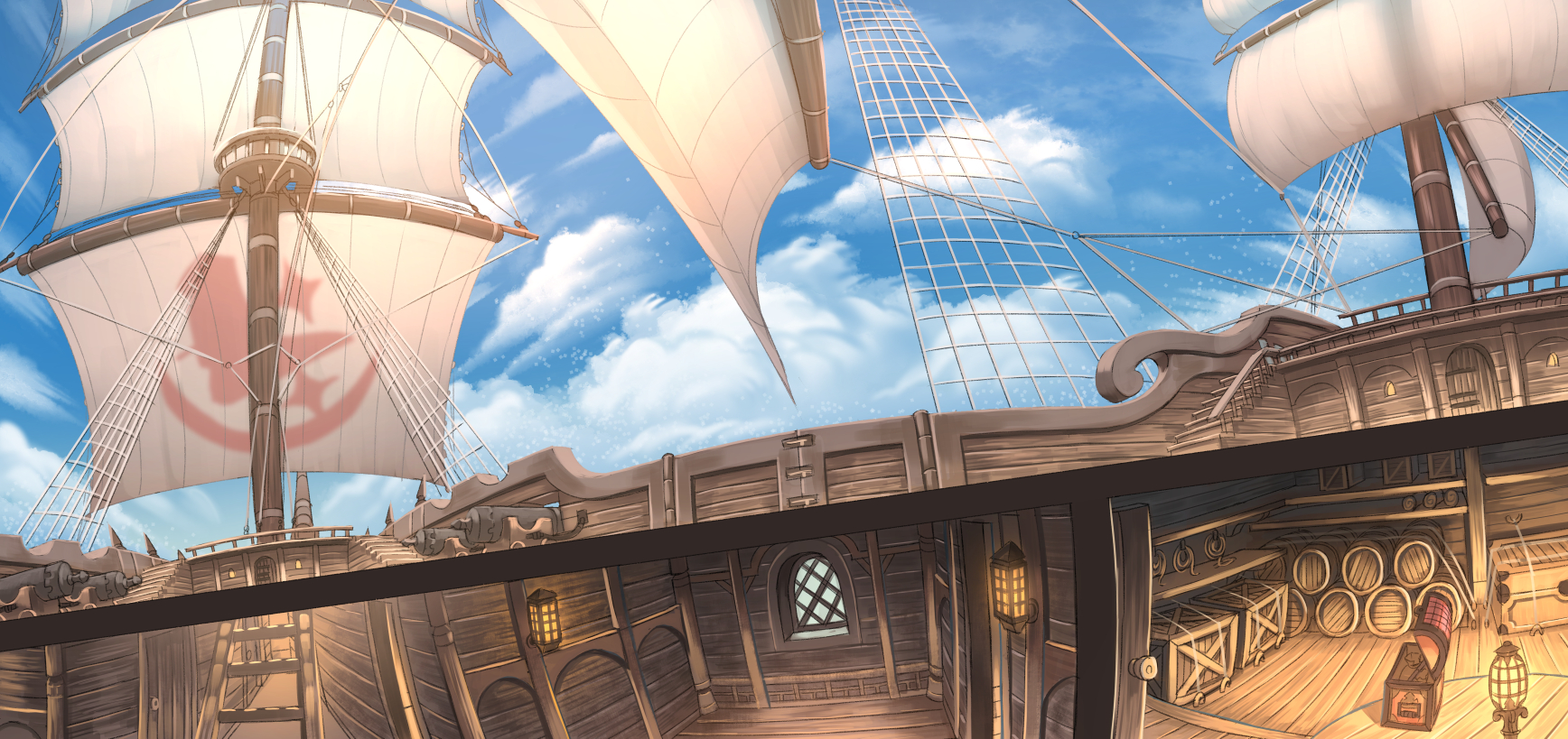 nagi itsuki, original, pixiv fantasia, pixiv fantasia age of starlight, commentary request, highres, barrel, blue sky, cannon, cloud, cross-section, door, lantern, mast, no humans, railing, scenery, ship interior, sky, stairs, treasure chest, watercraft, window