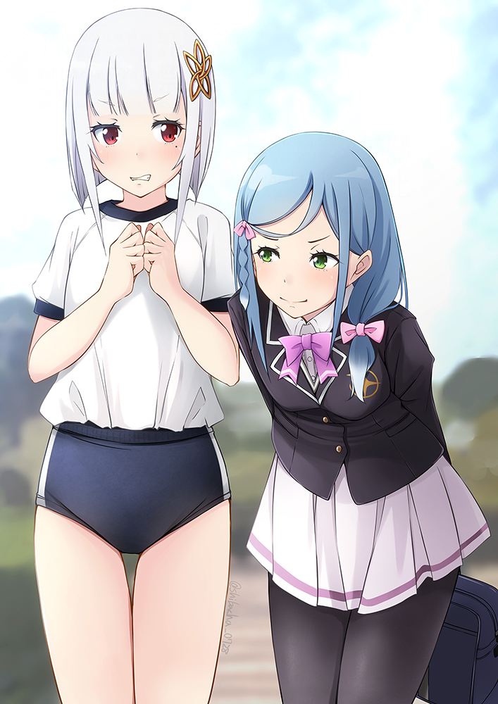 shibacha, hakamada suishou, tsuchimikado kuon, granbelm, commentary request, 2girls, black buruma, black jacket, black pantyhose, blazer, blue hair, blue sky, bow, bowtie, braid, buruma, cloud, collared shirt, day, green eyes, gym shirt, gym uniform, jacket, leaning forward, long hair, multiple girls, outdoors, pantyhose, pleated skirt, purple bow, purple bowtie, red eyes, school uniform, shirt, short hair, single braid, skirt, sky, smile, t-shirt, thigh gap, white hair, white shirt, white skirt
