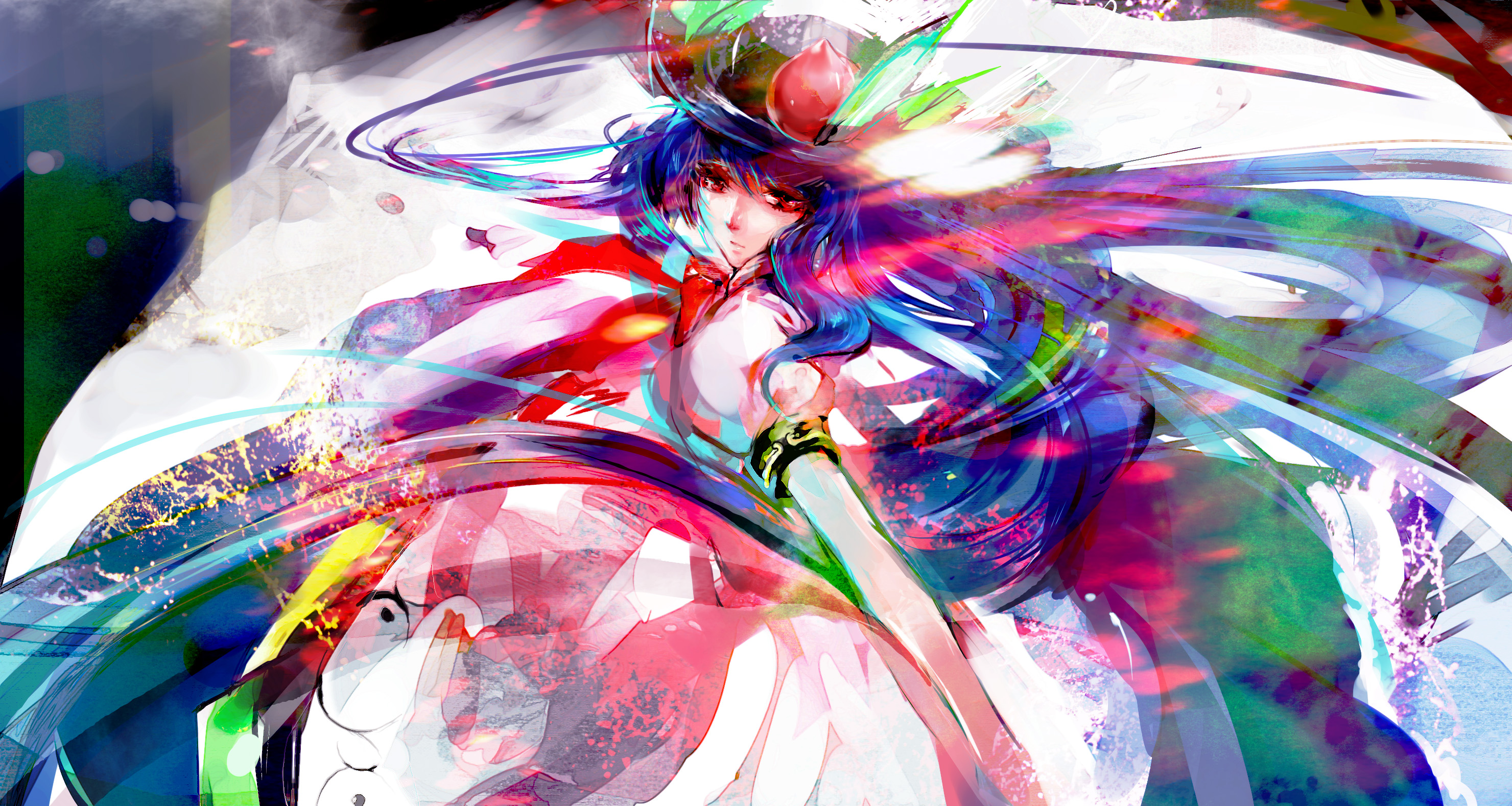 nekoif, hinanawi tenshi, touhou, highres, 1girl, blue hair, female focus, food, fruit, long hair, peach, red eyes, solo