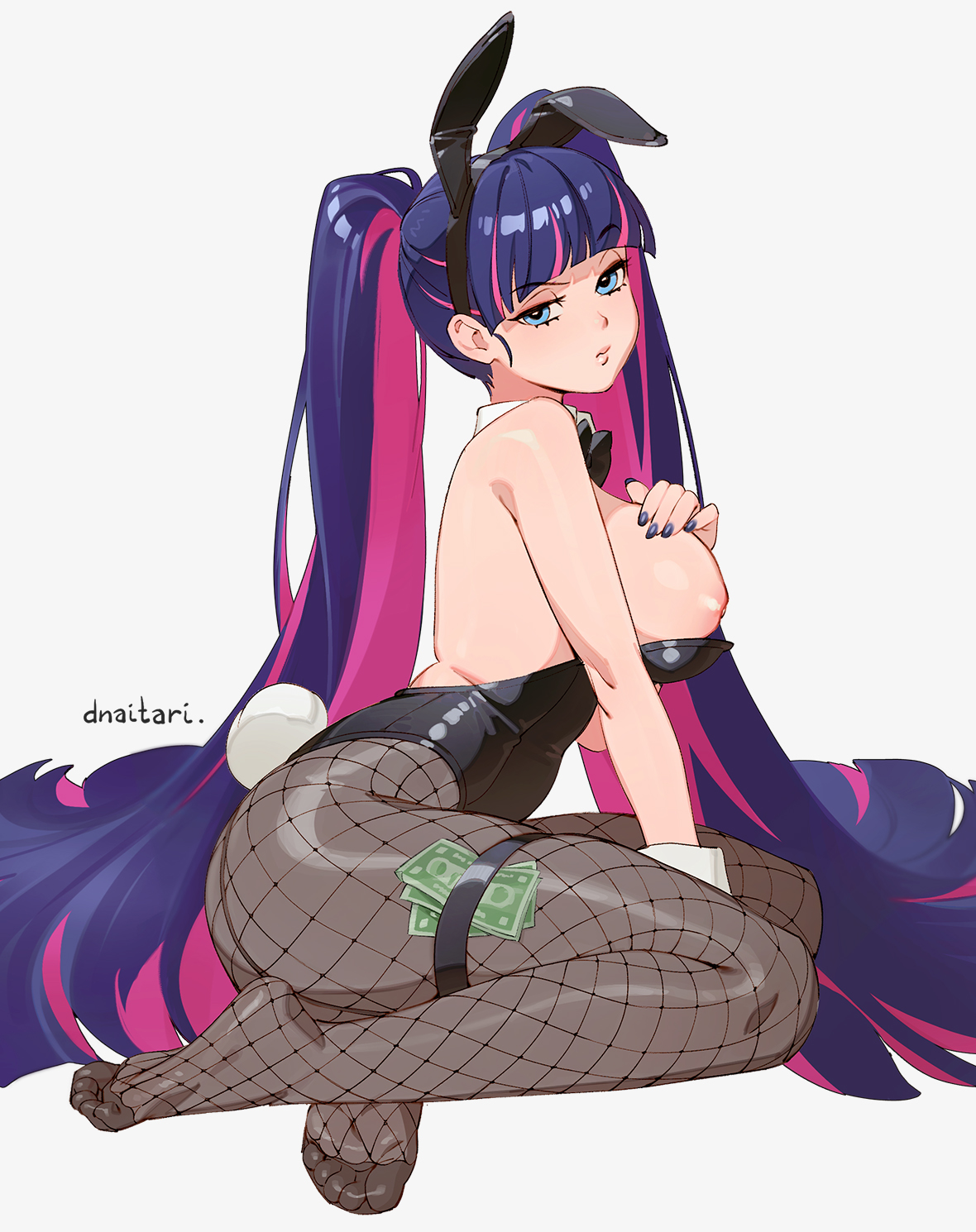 dnaitari, stocking (psg), panty & stocking with garterbelt, highres, 1girl, animal ears, banknote, bare shoulders, black leotard, blue eyes, blue hair, breasts, fake animal ears, fishnet pantyhose, fishnets, large breasts, leotard, long hair, money, multicolored hair, nipples, pantyhose, pink hair, playboy bunny, rabbit ears, rabbit tail, solo, strapless, strapless leotard, streaked hair, tail, thigh strap, twintails, two-tone hair, very long hair