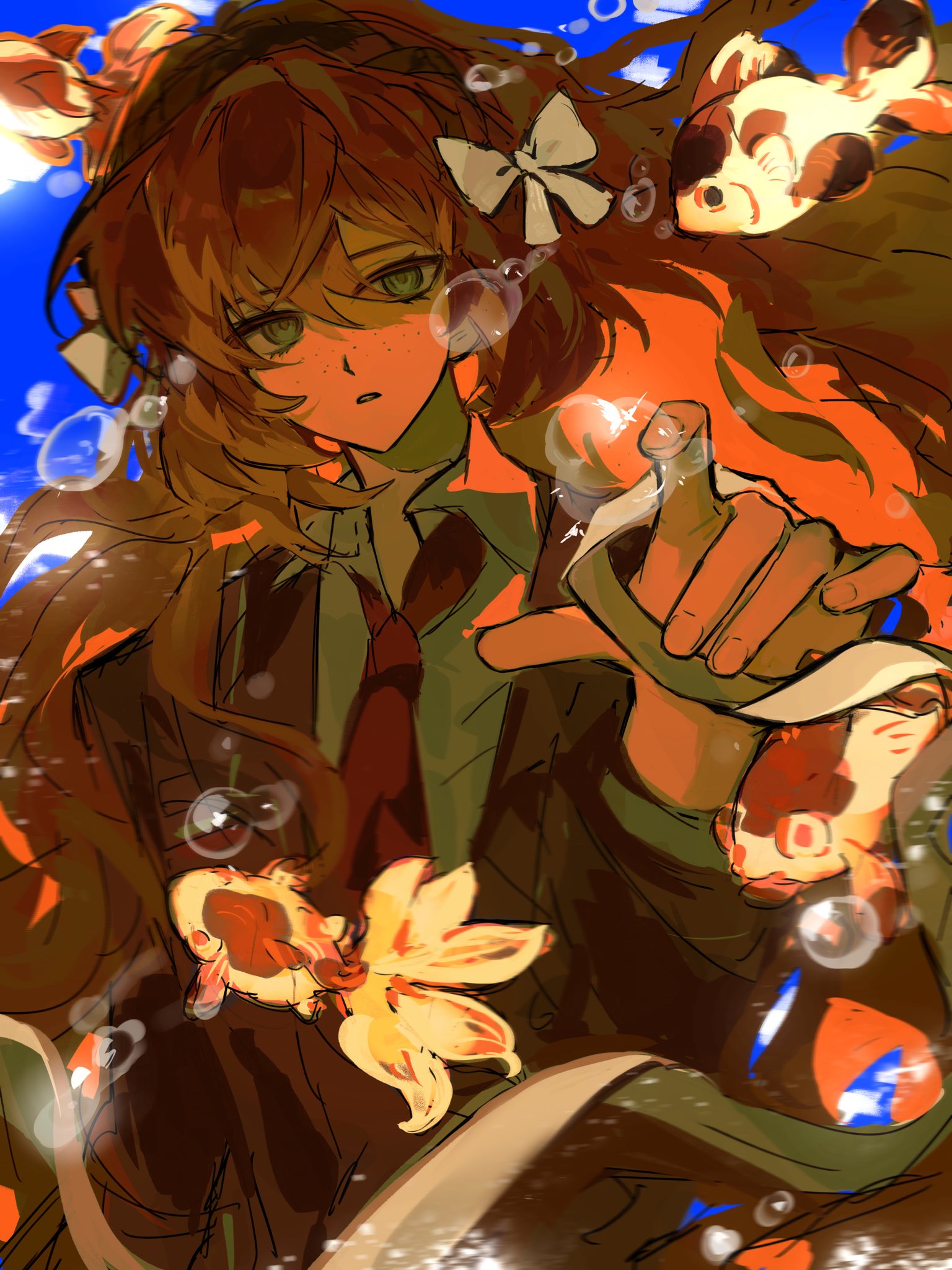 ishmael (project moon), limbus company, project moon, commentary, highres, symbol-only commentary, 1girl, air bubble, black coat, black vest, bow, brown hairband, bubble, coat, collared shirt, fish, goldfish, green eyes, hair bow, hairband, long hair, looking at viewer, necktie, orange hair, parted lips, red necktie, rope, shirt, sidelocks, solo, strawbutann, very long hair, vest, wavy hair, white bow, white shirt