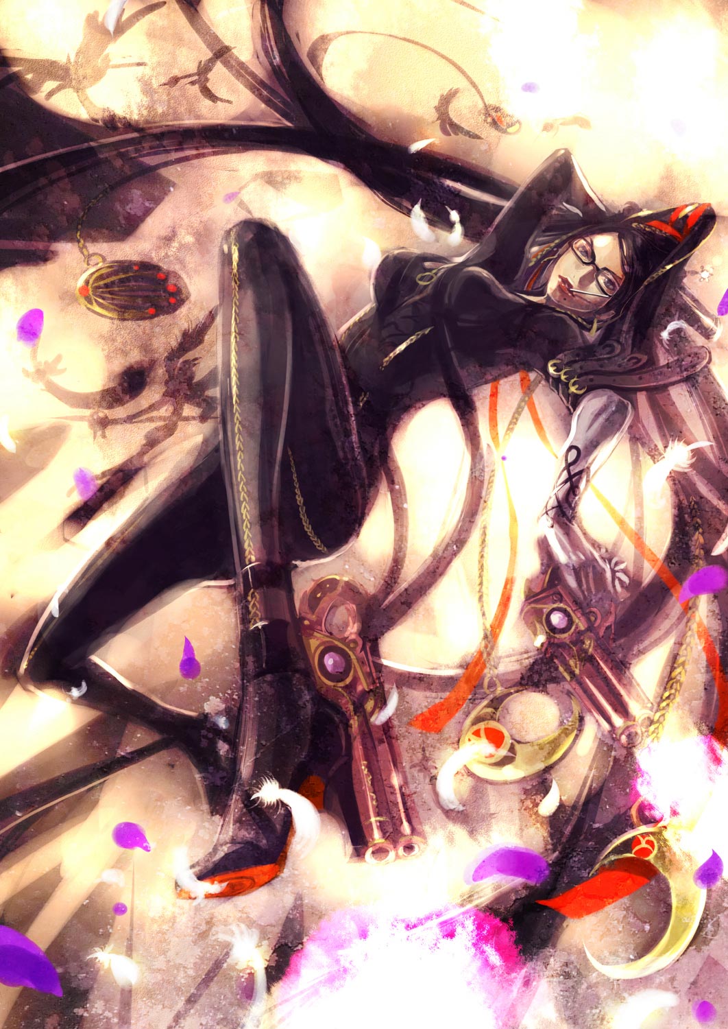gin (oyoyo), bayonetta, bayonetta (series), bayonetta 1, highres, 1girl, black hair, bodysuit, boots, candy, chain, eyeshadow, faux traditional media, feathers, female focus, food, glasses, gloves, grey eyes, gun, hair bun, high heels, lollipop, long hair, makeup, mole, mole under mouth, red ribbon, ribbon, shoes, single hair bun, solo, spandex, speed painting, very long hair, weapon