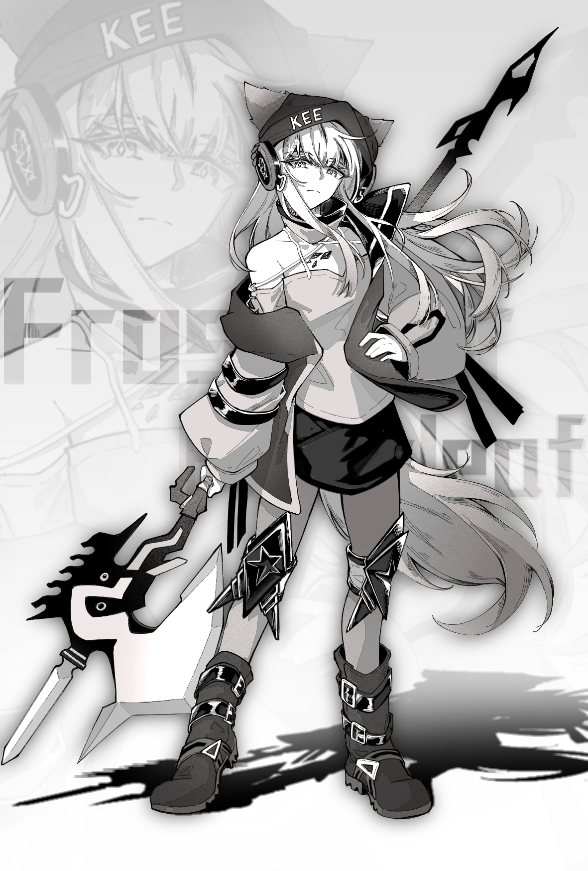 brisevent-ash, frostleaf (arknights), arknights, chinese commentary, commentary request, highres, 1girl, animal ears, armor, bare shoulders, boots, character name, closed mouth, clothes writing, ears through headwear, floating hair, full body, greyscale, hand on own hip, hat, holding, holding polearm, holding weapon, knee boots, knee pads, long hair, long sleeves, looking at viewer, material growth, monochrome, off shoulder, oripathy lesion (arknights), polearm, solo, standing, star (symbol), tail, weapon, zoom layer