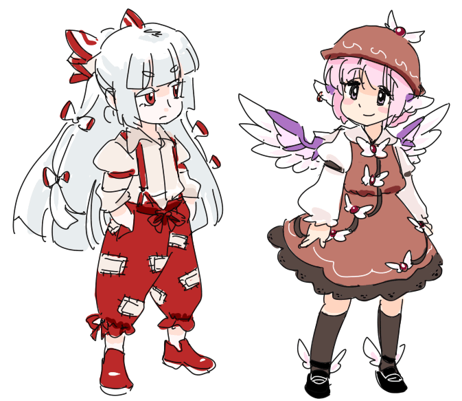 mitsumoto jouji, fujiwara no mokou, mystia lorelei, touhou, winged footwear, 2girls, aged down, animal ears, blush stickers, bow, chibi, dress, female focus, flat chest, grey eyes, grey hair, hair bow, hair ribbon, hands in pockets, hat, kneehighs, long hair, long sleeves, multiple girls, pants, pink hair, purple eyes, red eyes, ribbon, shirt, shoes, short hair, simple background, sleeves rolled up, smile, socks, suspenders, white shirt, wings