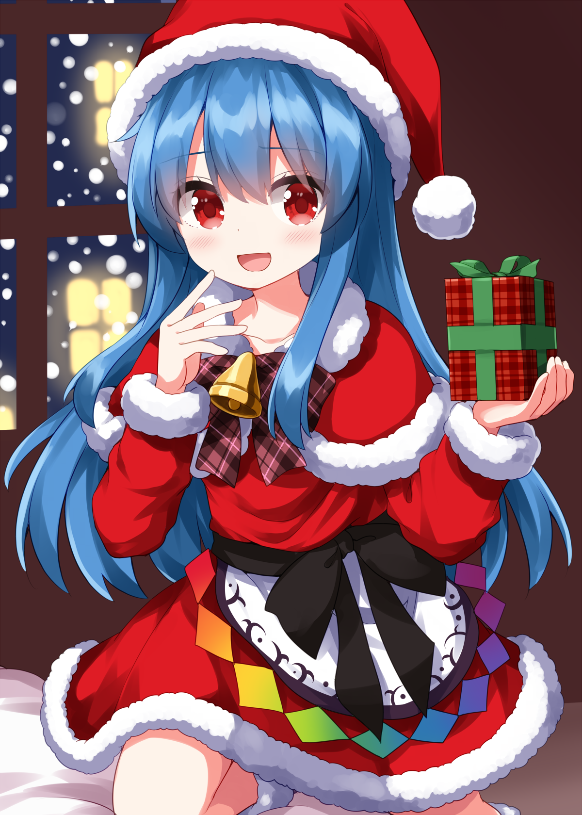 ruu (tksymkw), hinanawi tenshi, touhou, commentary request, highres, 1girl, :d, bell, blue hair, blush, bow, bowtie, box, capelet, christmas, collarbone, completion time, double-parted bangs, dress, fur-trimmed capelet, fur-trimmed dress, fur-trimmed headwear, fur-trimmed sleeves, fur trim, gift, gift box, hair between eyes, hands up, hat, holding, holding gift, indoors, long hair, long sleeves, looking at viewer, neck bell, on one knee, open mouth, plaid bow, plaid bowtie, plaid clothes, red bow, red bowtie, red capelet, red dress, red eyes, red hat, santa costume, santa dress, santa hat, smile, snowing, solo, window, winter