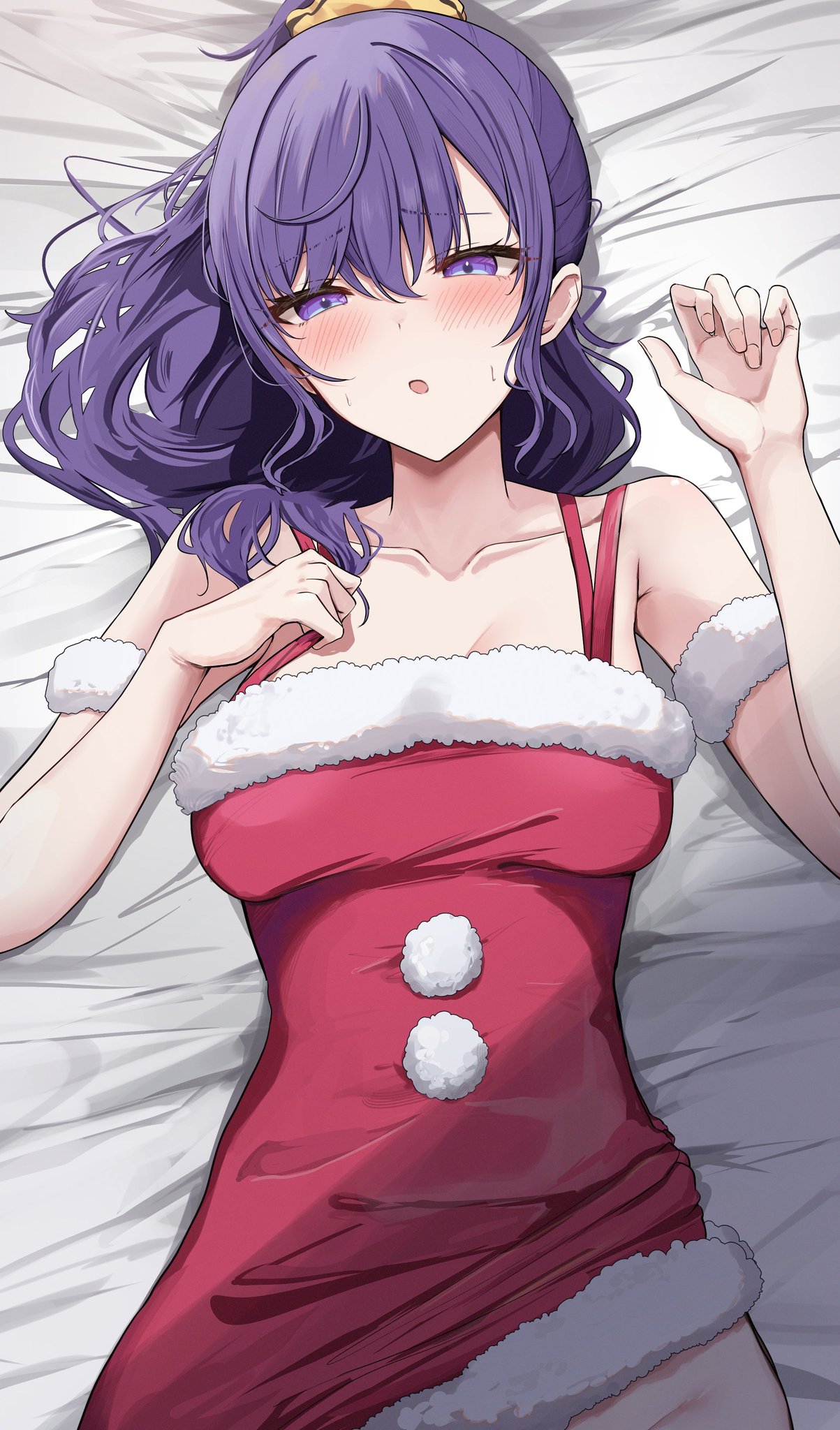 kunizaki, asahina mafuyu, project sekai, commentary, highres, 1girl, :o, alternate costume, bed sheet, blush, breasts, christmas, clothes lift, collarbone, dot nose, dress, dress lift, fur-trimmed dress, fur armlet, fur trim, groin, hair between eyes, hair ornament, hair scrunchie, half-closed eyes, hands up, high ponytail, large breasts, long hair, looking at viewer, lying, on back, on bed, orange scrunchie, parted lips, pom pom (clothes), ponytail, purple eyes, purple hair, red dress, santa costume, santa dress, scrunchie, short dress, sidelocks, sleeveless, sleeveless dress, solo, strap pull, sweat, upper body