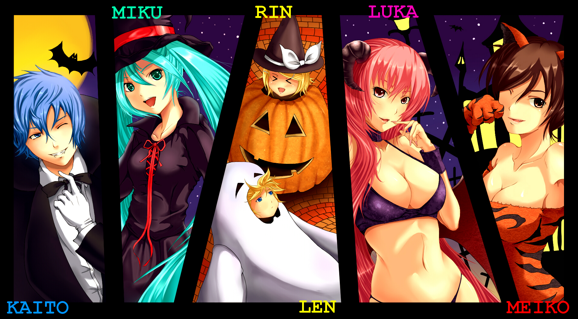 jirousuzume, ominaeshi (shimapan), tachibana omina, hatsune miku, kagamine len, kagamine rin, kaito (vocaloid), megurine luka, meiko (vocaloid), vocaloid, bad id, bad pixiv id, highres, > <, 2boys, 4girls, animal ears, aqua eyes, aqua hair, bat (animal), blonde hair, blue eyes, blue hair, breasts, brown eyes, character name, cleavage, closed eyes, family, fangs, halloween, hat, horns, jack-o'-lantern, midriff, moon, multiple boys, multiple girls, panties, pink hair, pumpkin, short hair, smile, thong, underwear, witch hat