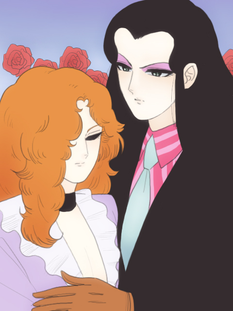 fukkin, jack barbarosa bancoran, maraich juschenfe, patalliro!, 1980s (style), commentary request, 2boys, black ahir, black choker, black jacket, blue background, brown gloves, center opening, choker, closed eyes, closed mouth, eyelashes, eyeshadow, floral background, flower, frilled shirt, frills, gloves, green eyes, green necktie, hair over one eye, hand on another's chest, height difference, jacket, long hair, long sidelocks, makeup, male focus, multiple boys, necktie, official style, oldschool, one eye covered, orange hair, parted lips, pink shirt, purple eyeshadow, purple shirt, red flower, red rose, retro artstyle, rose, shirt, sidelocks, striped clothes, striped shirt, trap, upper body, v-shaped eyebrows, wavy hair, yaoi