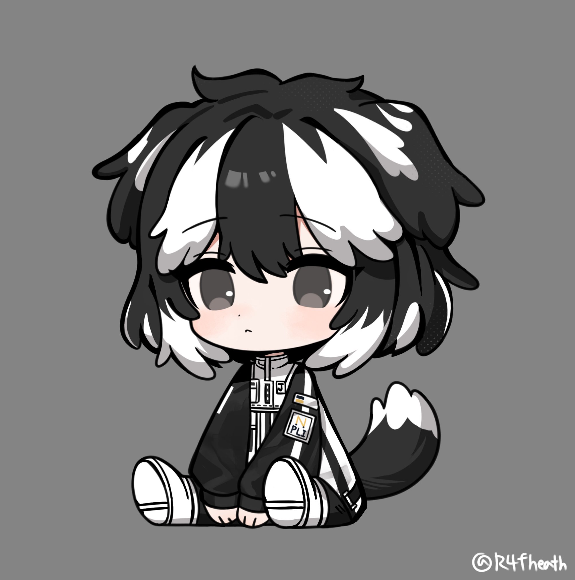 jang schna, limbus company, project moon, commentary request, highres, korean commentary, 1girl, animal ears, black hair, black sleeves, boots, dog ears, dog girl, dog tail, jacket, medium hair, r4fheath, sitting, solo, tail, virtual youtuber, white boots, white jacket, white streaks