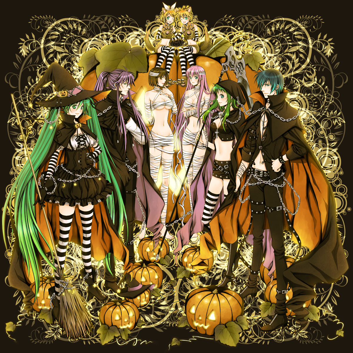 yuuno (yukioka), gumi, hatsune miku, kagamine len, kagamine rin, kaito (vocaloid), kamui gakupo, megurine luka, meiko (vocaloid), vocaloid, striped legwear, bad id, bad pixiv id, highres, 5girls, aqua hair, bandages, blonde hair, broom, green eyes, green hair, halloween, hat, long hair, multiple girls, one eye closed, pink hair, ponytail, purple hair, siblings, striped clothes, striped thighhighs, thighhighs, very long hair, wink, witch hat