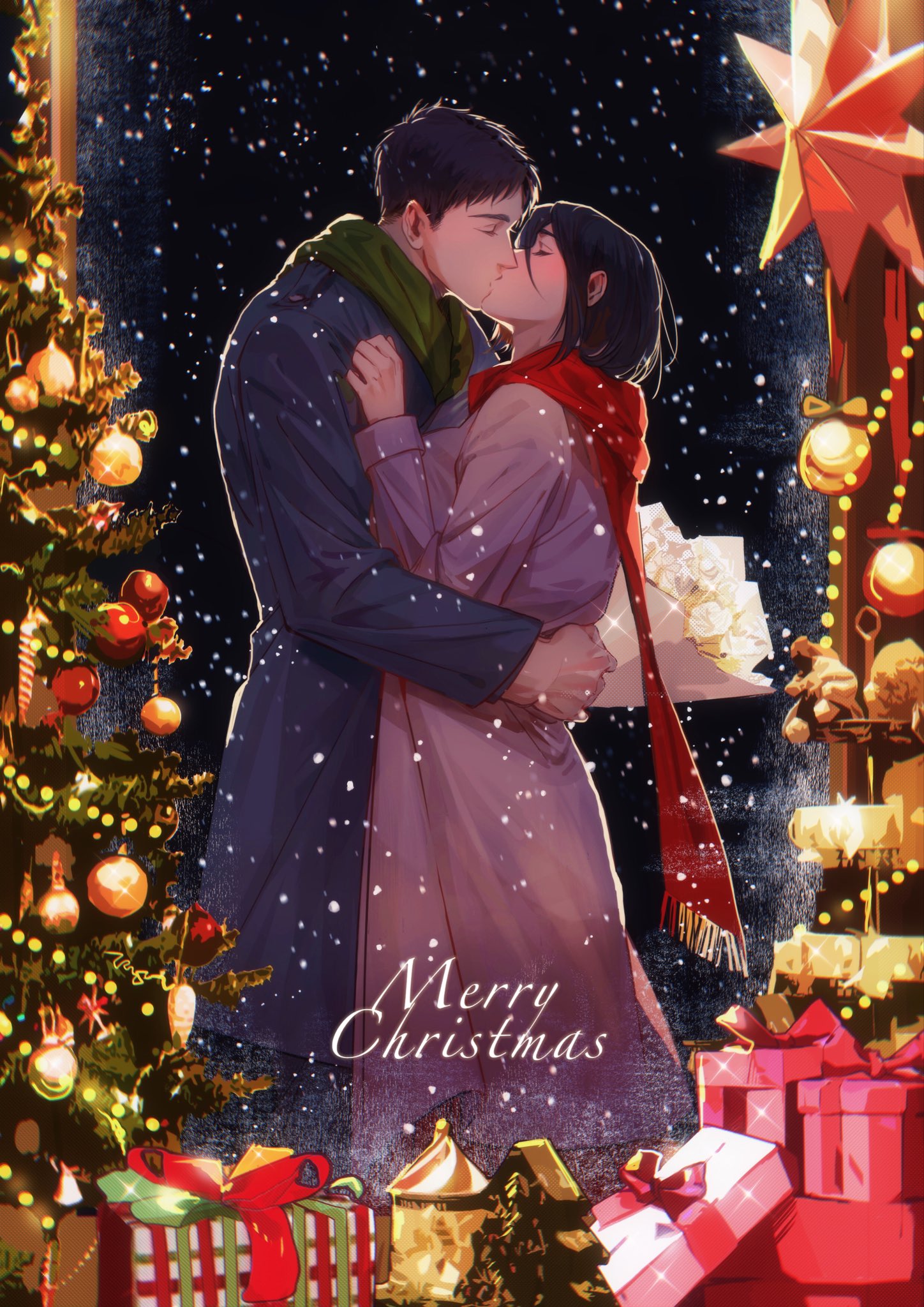 mnine5, eren yeager, mikasa ackerman, shingeki no kyojin, commentary, english commentary, highres, 1boy, 1girl, arm around waist, black coat, black hair, bouquet, box, christmas ornaments, christmas present, christmas tree, closed eyes, coat, couple, flower, gift, gift box, green scarf, grey coat, hair between eyes, hand on another's chest, hetero, holding, holding bouquet, kiss, long coat, merry christmas, red scarf, scarf, short hair, snow