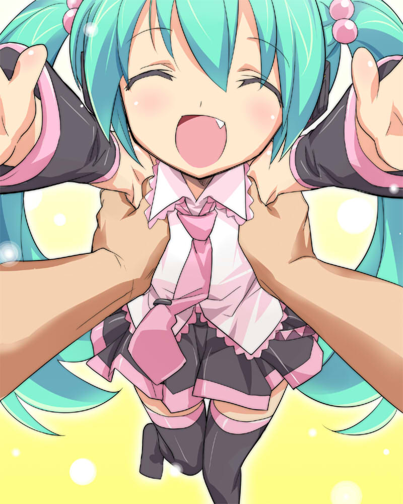 eeeeee, hatsune miku, petite miku, vocaloid, bad id, bad pixiv id, jpeg artifacts, 1girl, ^ ^, alternate color, alternate costume, aqua hair, child, closed eyes, detached sleeves, fang, flat chest, hair bobbles, hair ornament, happy, holding, incoming hug, long hair, necktie, open mouth, outstretched arms, pov, reaching, reaching towards viewer, smile, solo focus, thighhighs, twintails, very long hair, zettai ryouiki