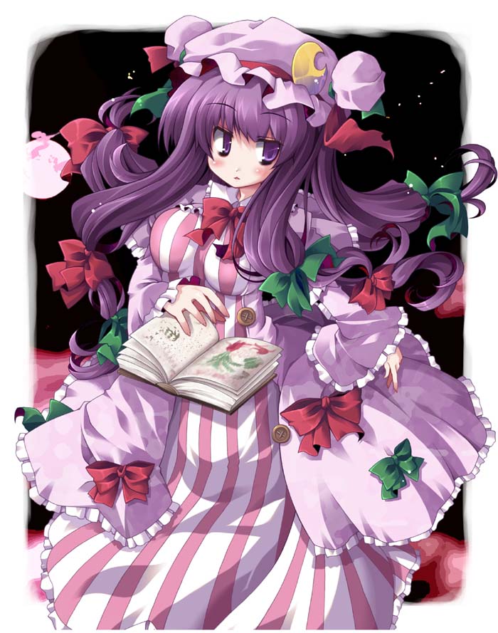 utsurogi angu, patchouli knowledge, touhou, 1girl, book, female focus, hat, long hair, purple eyes, purple hair, solo