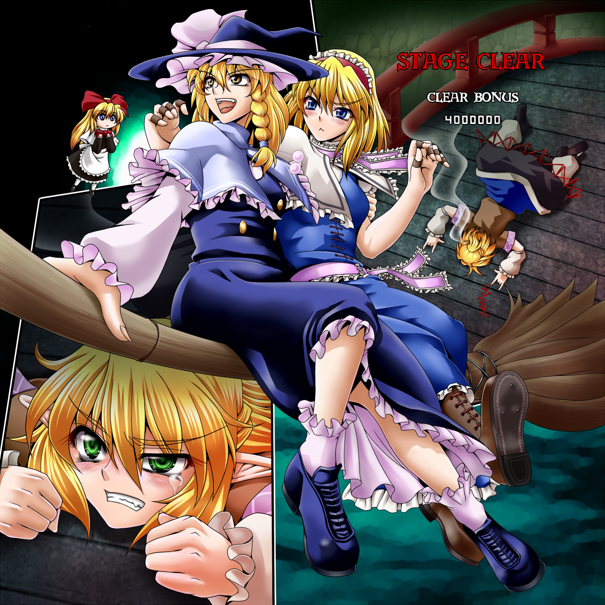 ootsuki wataru, alice margatroid, kirisame marisa, mizuhashi parsee, shanghai doll, touhou, bad id, bad pixiv id, highres, 3girls, m/, blonde hair, broom, broom riding, female focus, gameplay mechanics, multiple girls, multiple riders