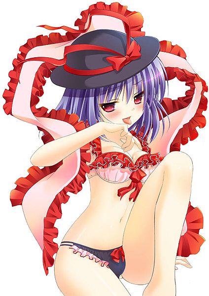 kino konomi, konomi (kino konomi), nagae iku, team shanghai alice, touhou, bad id, bad pixiv id, 1girl, bikini, blue hair, breasts, cleavage, female focus, hat, medium breasts, naughty face, red eyes, shawl, short hair, solo, swimsuit