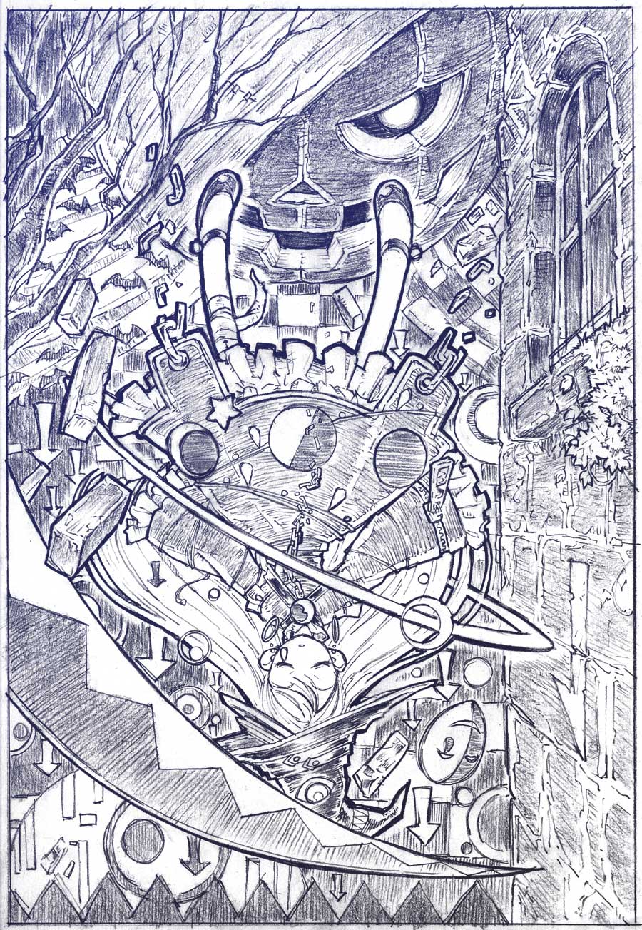 sakino shingetsu, original, graphite (medium), highres, traditional media, 1girl, female focus, halloween, hat, mask, monochrome, scythe, solo, upside-down, witch, witch hat