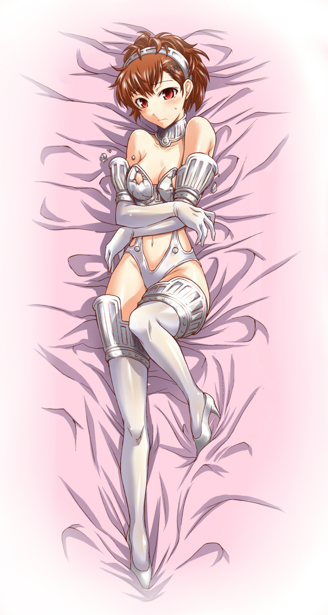 segami daisuke, shiomi kotone, atlus, persona, persona 3, persona 3 portable, highres, 1girl, alternate costume, armor, bare shoulders, bed, bikini armor, blush, broken armor, brown hair, dakimakura (medium), embarrassed, female focus, full body, high-cut armor (persona), high heels, lying, red eyes, shoes, solo, thighhighs, torn clothes, wardrobe malfunction