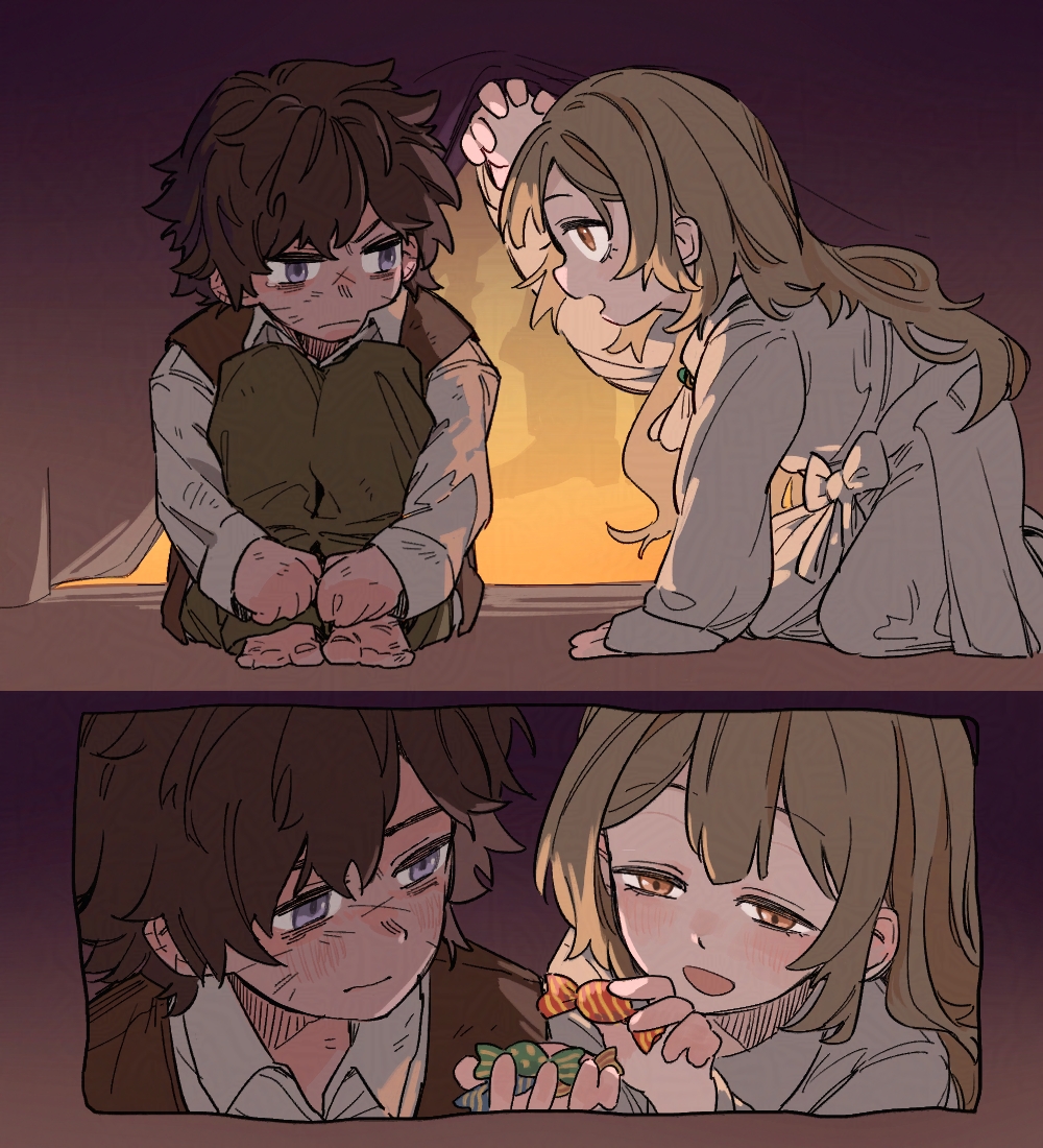 sijo nm, catherine (project moon), heathcliff (project moon), limbus company, project moon, 1boy, 1girl, ascot, barefoot, blush, bow, brown eyes, brown hair, brown pants, brown vest, closed mouth, dress, knees up, long hair, open mouth, pants, purple eyes, scar, scar on face, shirt, sitting, smile, tears, vest, white ascot, white bow, white dress, white shirt