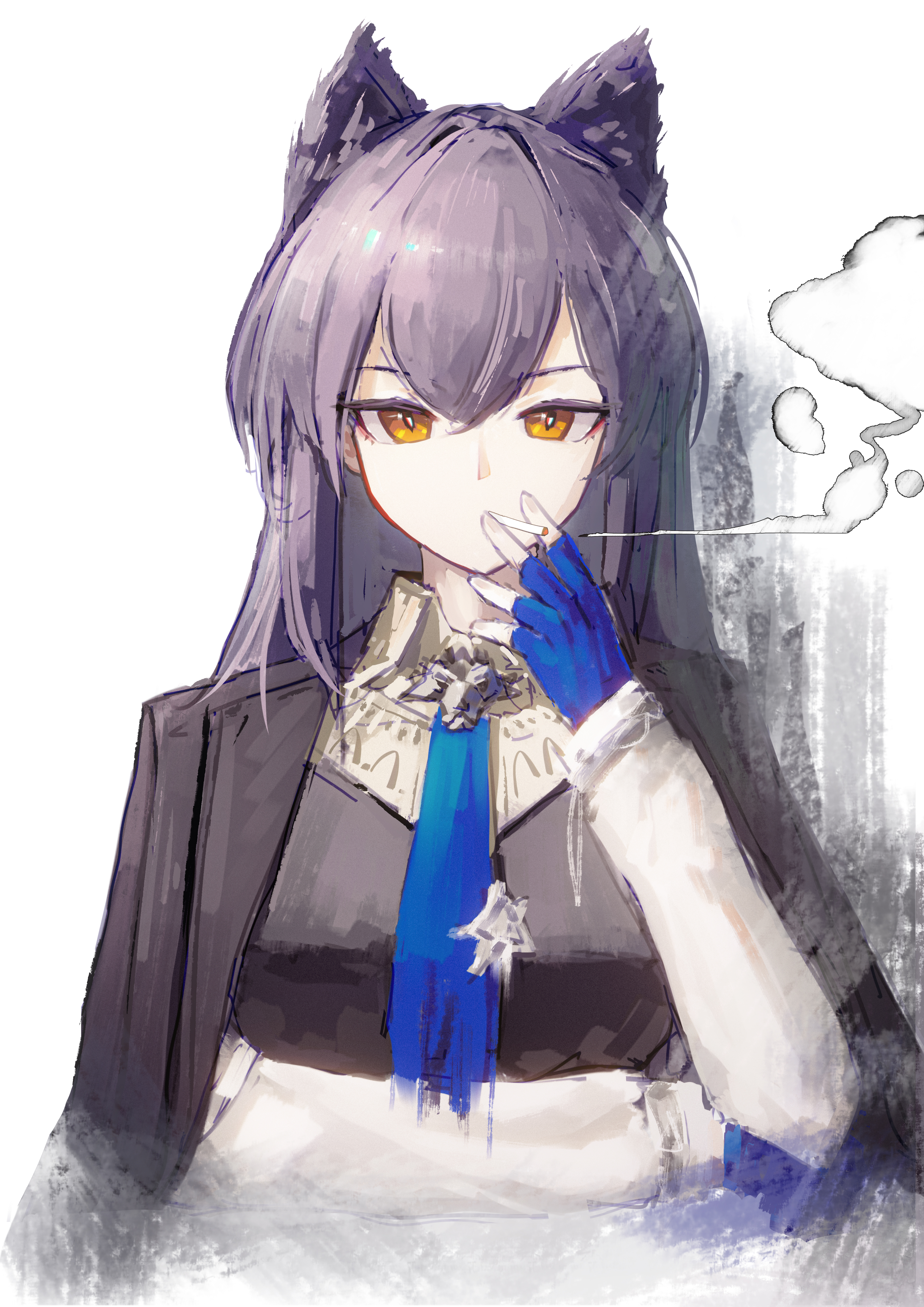 nian962464, texas (arknights), texas the omertosa (arknights), arknights, absurdres, chinese commentary, commentary request, highres, 1girl, animal ears, black hair, black jacket, blue gloves, bolo tie, cigarette, collared shirt, fingerless gloves, gloves, hair between eyes, jacket, jacket on shoulders, long hair, long sleeves, looking at viewer, oekaki, shirt, simple background, smoke, smoking, solo, white background, white shirt, wolf ears, wolf girl, yellow eyes