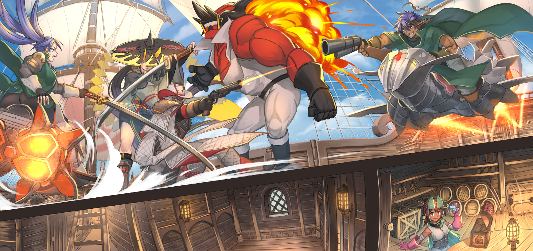 nagi itsuki, original, pixiv fantasia, pixiv fantasia age of starlight, commentary request, highres, 3boys, 3girls, barrel, black gloves, black hair, blue eyes, blue hair, blue sky, breasts, cannon, cape, closed mouth, cloud, colored skin, cross-section, dark-skinned female, dark-skinned male, dark skin, door, fingerless gloves, firing, gloves, goggles, green cape, green eyes, grin, gun, holding, holding gun, holding sword, holding weapon, horns, lantern, long hair, looking at another, looking at viewer, mast, medium breasts, multiple boys, multiple girls, muscular, muscular male, open mouth, railing, red skin, scenery, ship interior, sitting, sky, smile, stairs, sword, teeth, tongue, tongue out, treasure chest, unworn goggles, very dark skin, watercraft, weapon, window, yellow horns