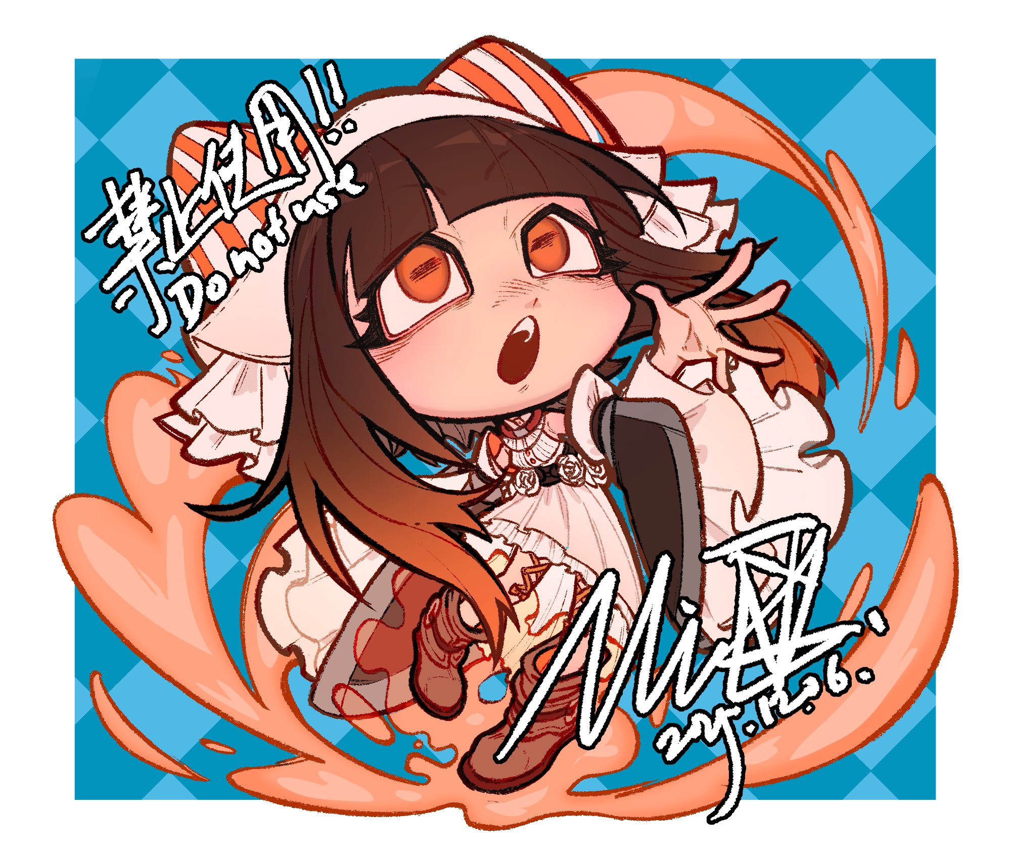 amo empool, gachiakuta, highres, 1girl, arm up, boots, brown boots, chibi, dated, detached sleeves, dress, frilled sleeves, frills, full body, hat, open mouth, orange eyes, orange hair, solo, white dress, white hat, wide sleeves, worstutake