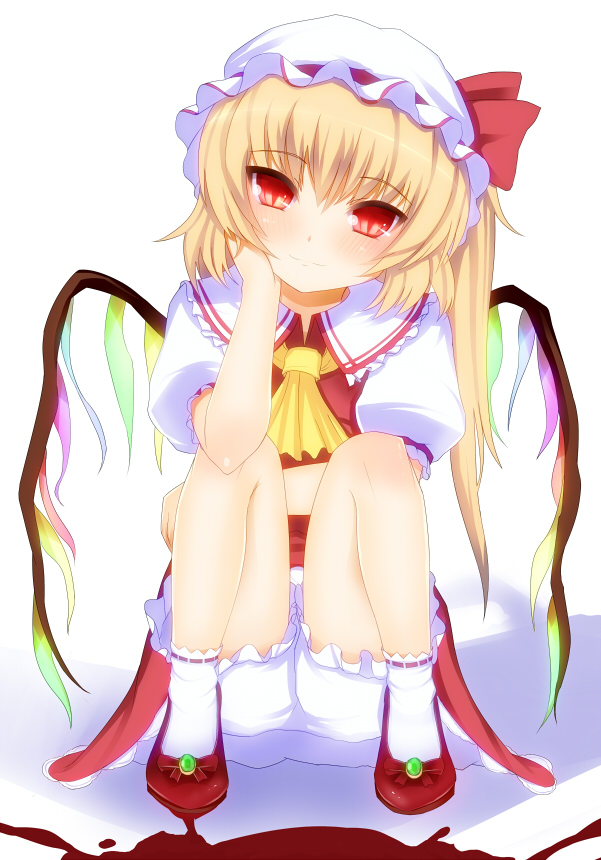 interstellar, flandre scarlet, embodiment of scarlet devil, touhou, 1girl, blonde hair, blood, bloomers, female focus, flat chest, hat, head rest, red eyes, sitting, slit pupils, smile, solo, underwear, wings