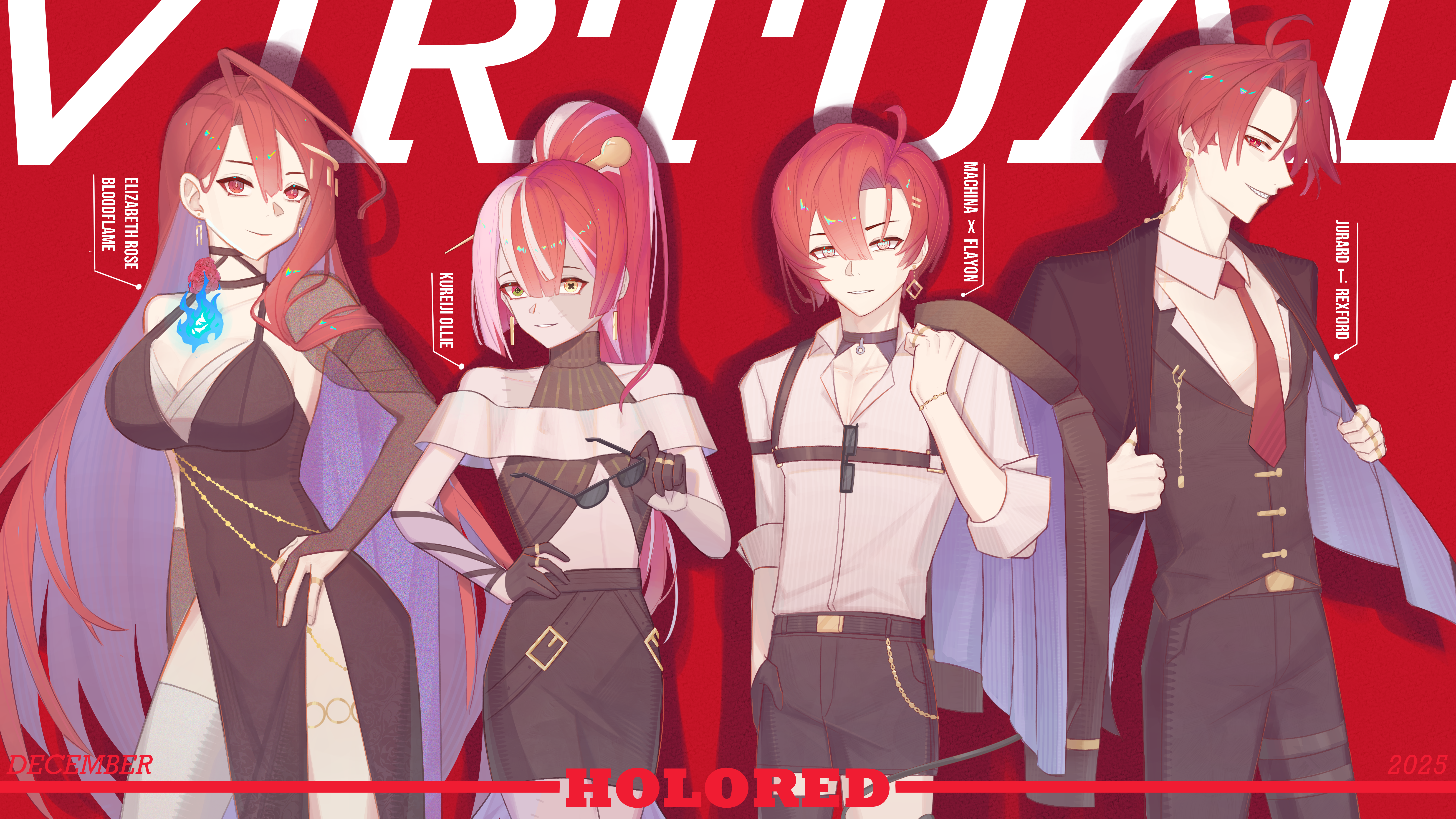 elizabeth rose bloodflame, jurard t rexford, kureiji ollie, machina x flayon, hololive, hololive english, hololive indonesia, holostars, holostars english, absurdres, commentary, english commentary, highres, 2025, 2boys, 2girls, abs, ahoge, alternate costume, alternate hairstyle, asymmetrical gloves, bare shoulders, belt, belt buckle, black-framed eyewear, black dress, black gloves, black pants, black skirt, black vest, blue fire, blue hair, blush, bracelet, breasts, brown belt, brown jacket, buckle, chain, character name, chest strap, choker, cleavage, collared shirt, color connection, colored inner hair, colored skin, covered navel, cowboy shot, dated, dress, earrings, elbow gloves, english text, evening gown, fire, formal clothes, gloves, gold chain, grey hair, grey skin, grin, hair between eyes, hair color connection, half gloves, halter dress, halterneck, heterochromia, high ponytail, holding, holding removed eyewear, holored, huge ahoge, jacket, jacket on shoulders, jewelry, large breasts, long hair, looking at viewer, looking to the side, mismatched pupils, multicolored hair, multicolored skin, multiple boys, multiple girls, necktie, open clothes, open jacket, open mouth, pants, partially fingerless gloves, patchwork skin, pink hair, ponytail, red background, red eyes, red hair, red necktie, rezinkya (artist), ring, shadow, sharp teeth, shirt, shirt tucked in, short hair, side slit, single thighhigh, skirt, sleeves rolled up, smile, standing, stitched arm, stitched face, stitches, suit jacket, suit pants, sunglasses, sweater, symbol-shaped pupils, teeth, thigh strap, thighhighs, turtleneck, turtleneck sweater, two-tone hair, two-tone skin, unworn eyewear, very long hair, vest, virtual youtuber, white shirt, white thighhighs, x-shaped pupils, yellow eyes, zombie