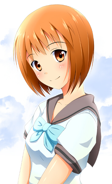 kinayuu, hagiwara yukiho, idolmaster, idolmaster (classic), bad id, bad pixiv id, 00s, 1girl, blush, brown eyes, brown hair, female focus, gradient background, school uniform, serafuku, short hair, smile, solo, white background