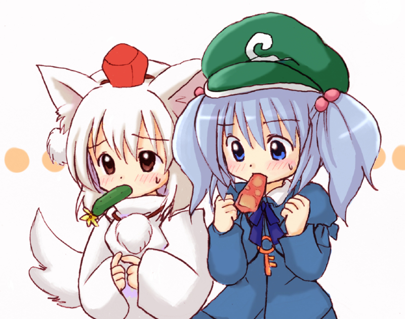 eijima moko, inubashiri momiji, kawashiro nitori, touhou, bad id, bad pixiv id, 2girls, blue eyes, blue hair, blush, cucumber, eating, female focus, flat chest, food, hair bobbles, hair ornament, hat, key, multiple girls, red eyes, role reversal, tokin hat, twintails, two side up, white hair