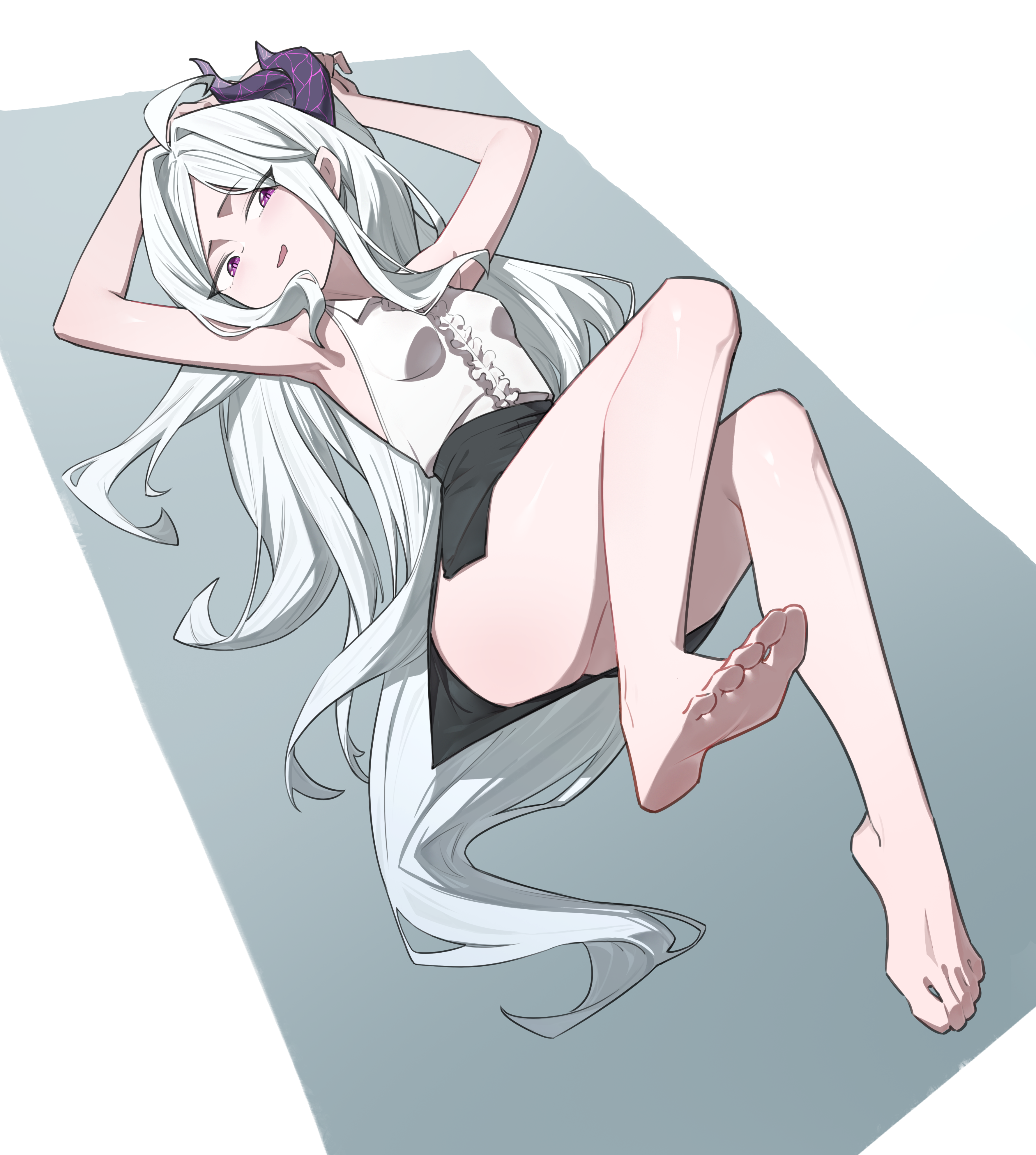 mobanche255, hina (blue archive), blue archive, absurdres, highres, 1girl, barefoot, feet, long hair, lying, miniskirt, on back, parted lips, purple eyes, skirt, sleeveless, soles, toes, white hair