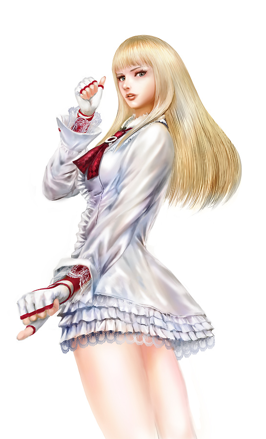 noba, emilie de rochefort, namco, tekken, 1girl, artistic error, blonde hair, dress, female focus, fingerless gloves, gloves, looking back, solo, white background