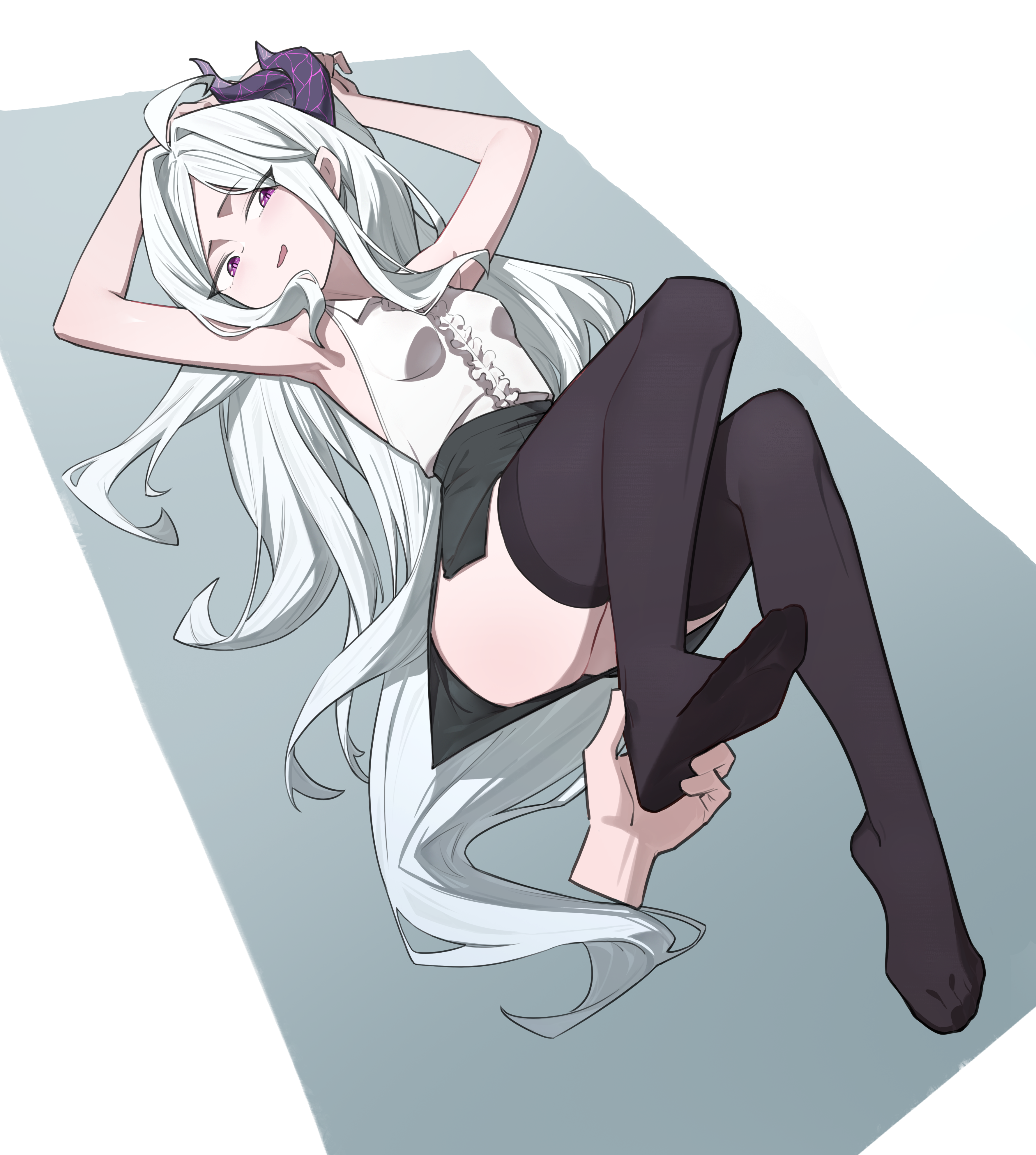 mobanche255, hina (blue archive), blue archive, absurdres, highres, 1girl, feet, long hair, lying, miniskirt, on back, parted lips, purple eyes, skirt, sleeveless, soles, thighhighs, toes, white hair