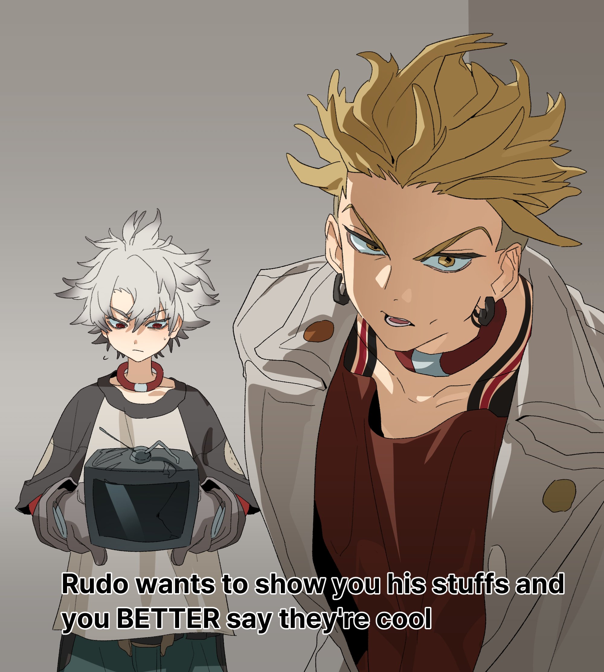 goyangcat1, enjin (gachiakuta), rudo surebrec, gachiakuta, commentary request, highres, korean commentary, 2boys, black sleeves, blonde hair, choker, coat, cowboy shot, gloves, gradient hair, grey background, grey gloves, holding, irezumi, multicolored hair, multiple boys, red choker, red eyes, red shirt, shirt, simple background, tattoo, television, v-shaped eyebrows, white coat, white hair, white shirt, yellow eyes