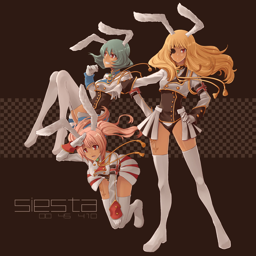 ochakai shin'ya, chiester00, chiester410, chiester45, chiester sisters, umineko no naku koro ni, uniform, bad id, bad pixiv id, 00s, 3girls, animal ears, blonde hair, boots, eyepatch, gloves, green hair, hands on own hips, legs, leotard, long hair, multiple girls, pink hair, rabbit ears, red eyes, salute, short hair, showgirl skirt, smirk, thigh boots, thighhighs, twintails, white gloves, white thighhighs