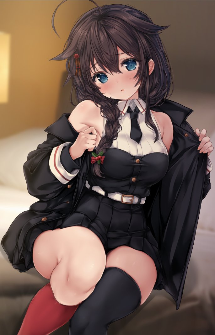 nijimoto hirok, shigure (kancolle), shigure kai san (kancolle), kantai collection, commentary request, 1girl, ahoge, asymmetrical legwear, bed, belt, black dress, black hair, black jacket, black necktie, black thighhighs, blue eyes, braid, dress, feet out of frame, hair flaps, hair over shoulder, jacket, long hair, necktie, official alternate costume, red socks, shigure (yokosuka) (kancolle), single braid, single thighhigh, sitting, socks, solo, thighhighs, uneven legwear, white belt