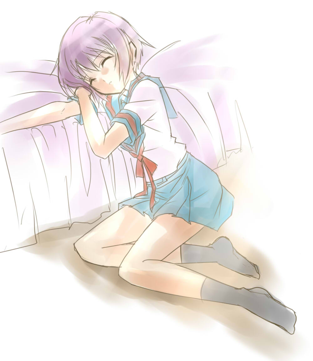 chicago-x, nagato yuki, suzumiya haruhi no yuuutsu, bad id, bad pixiv id, 00s, 1girl, bed, closed eyes, female focus, school uniform, serafuku, short hair, sleeping, solo