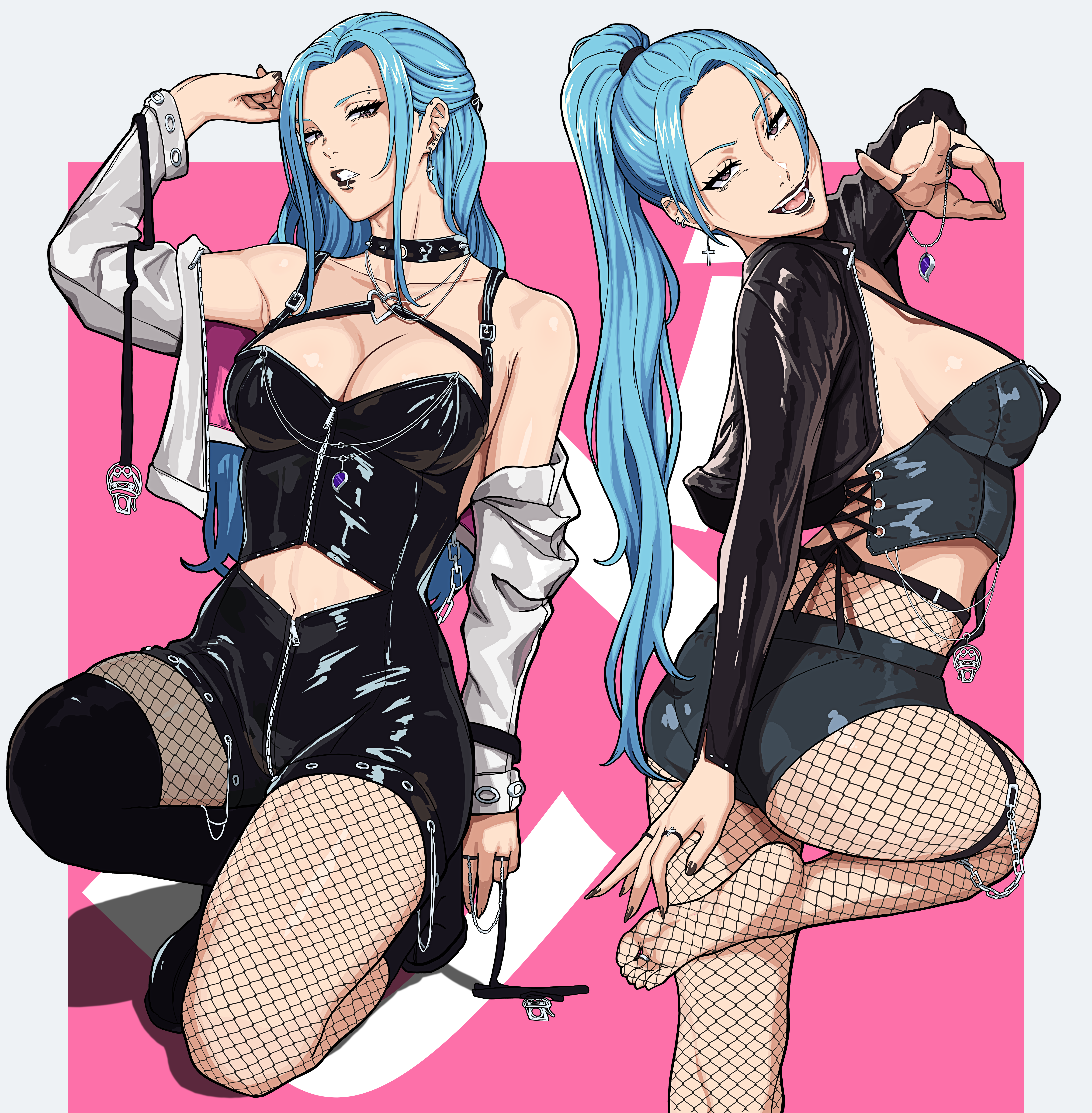 mikey pie, nefertari vivi, one piece, absurdres, commentary request, highres, 1girl, alternate costume, black bodice, black choker, black jacket, black lips, black shorts, blue hair, bodice, breasts, choker, cleavage, contemporary, cropped jacket, fishnet pantyhose, fishnets, goth fashion, grey shorts, jacket, long hair, medium breasts, micro shorts, midriff, multiple views, no shoes, pantyhose, pantyhose under shorts, parted lips, ponytail, shorts, single thighhigh, thighhighs, v, white jacket