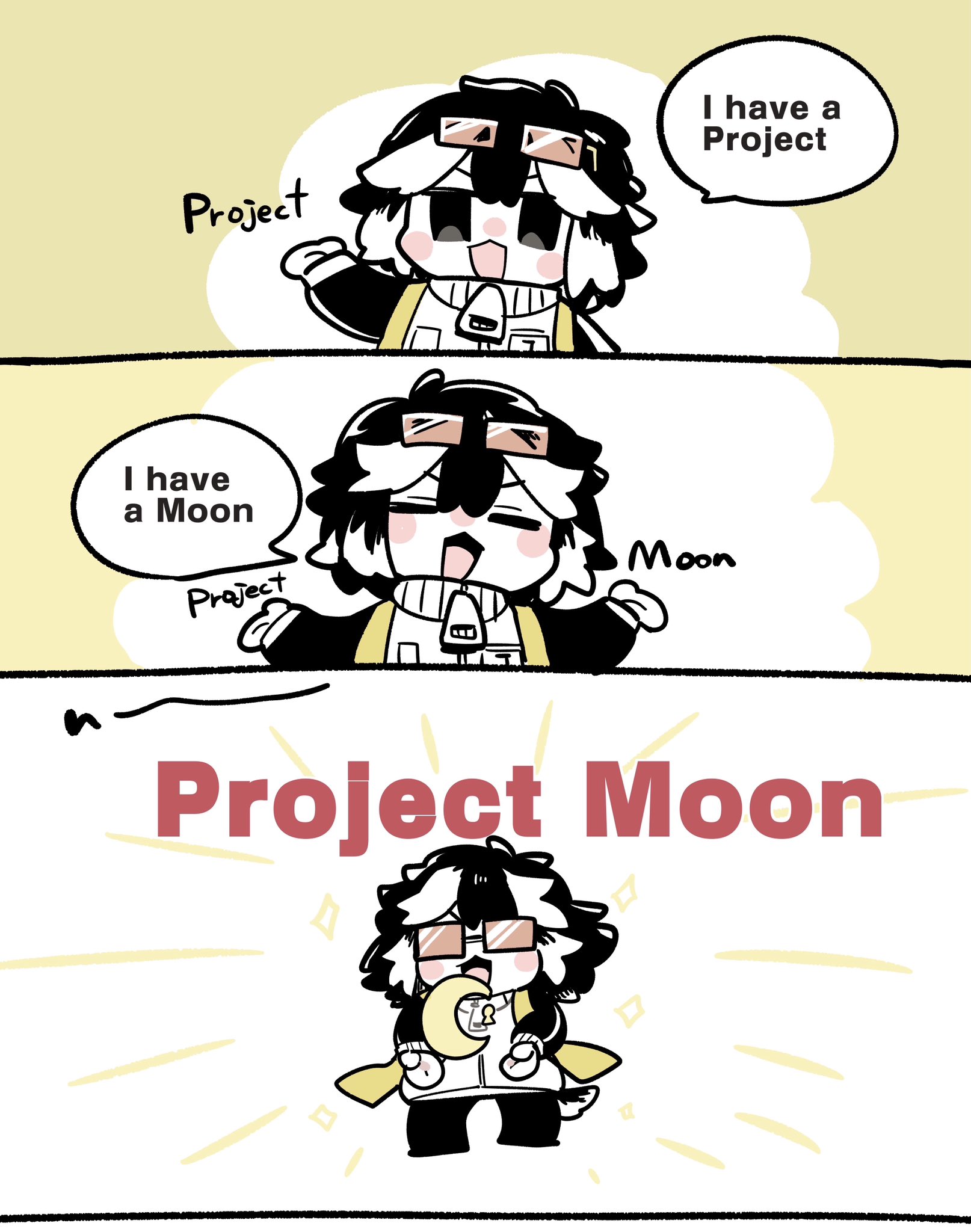 kojocho05, jang schna, limbus company, project moon, commentary request, highres, 1girl, black hair, black pants, black sleeves, blush, company logo, english text, eyewear on head, hand up, jacket, multicolored hair, multiple views, open mouth, pants, smile, speech bubble, streaked hair, sunglasses, virtual youtuber, white jacket, white streaks