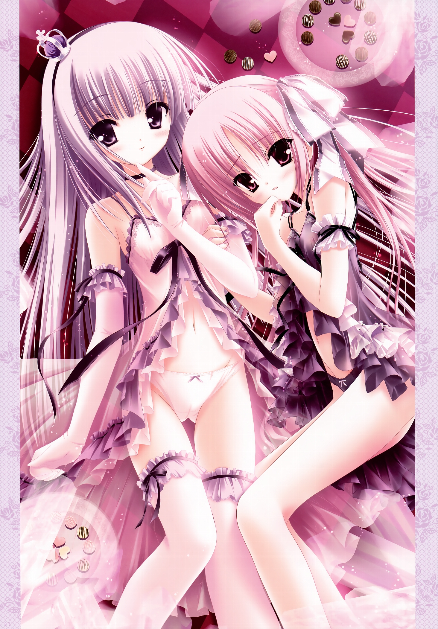 tinker bell (pixiv 10956015), original, highres, 2girls, arm garter, bare shoulders, black panties, cameltoe, candy, choker, crown, elbow gloves, flat chest, food, frills, gloves, legs, loli, looking at viewer, multiple girls, navel, no pants, panties, pink eyes, pink hair, purple eyes, purple hair, see-through clothes, smile, thigh gap, thighhighs, underwear, white panties, yuri