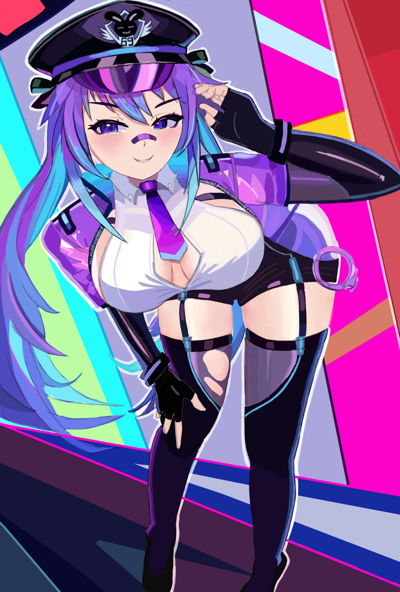 melody (projektmelody), melody (projektmelody) (lewd cadet), indie virtual youtuber, commentary, english commentary, highres, 1girl, bandage on face, bandages, bandaid, bandaid on face, bandaid on nose, blue hair, cuffs, fingerless gloves, gloves, handcuffs, hat, kohinn, long hair, multicolored hair, necktie, police, police hat, police uniform, policewoman, ponytail, purple hair, purple necktie, purple thighhighs, shirt, smile, streaked hair, thighhighs, thighs, virtual youtuber