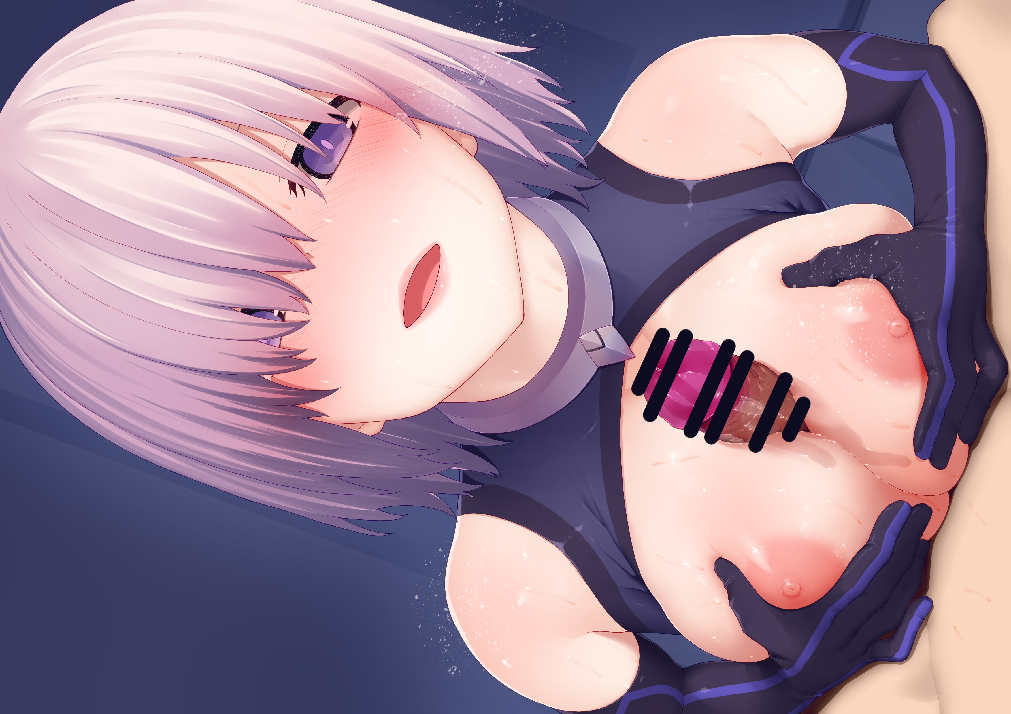 prophecy (rakuichimonji), mash kyrielight, mash kyrielight (demi-servant), fate/grand order, fate (series), absurdres, commentary request, highres, 1boy, 1girl, bare shoulders, black gloves, black leotard, blush, breasts, breasts out, breasts squeezed together, censored, collar, elbow gloves, erection, gloves, hair over one eye, hetero, large breasts, leotard, looking at viewer, metal collar, nipples, open mouth, paizuri, penis, pink hair, purple eyes, short hair, smile