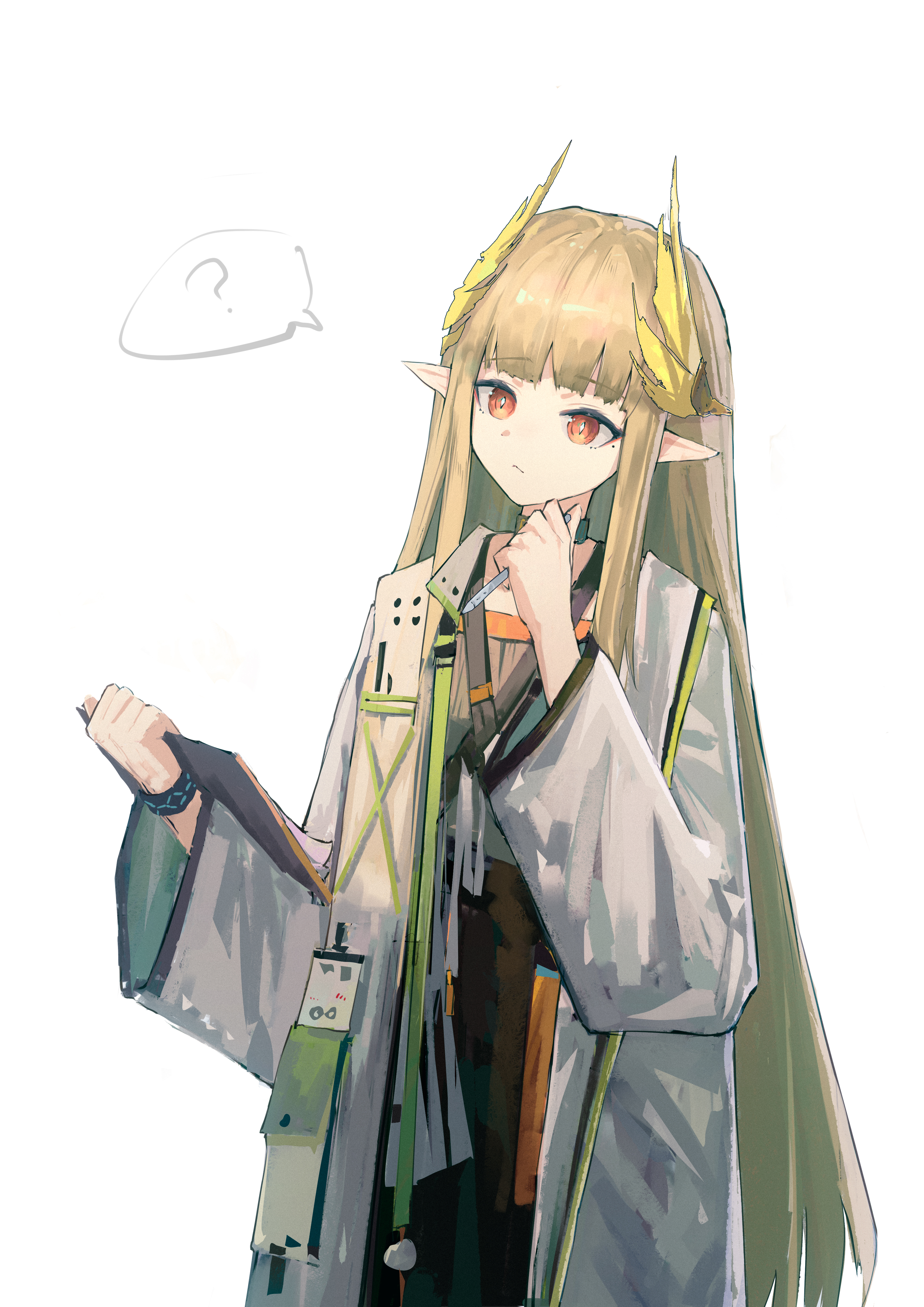 nian962464, infection monitor (arknights), muelsyse (arknights), arknights, absurdres, chinese commentary, commentary request, highres, 1girl, ?, black dress, brown hair, clipboard, coat, dress, head tilt, holding, holding clipboard, holding pen, id card, lab coat, laurels, long hair, long sleeves, mole, mole under eye, pen, pointy ears, red eyes, simple background, solo, speech bubble, spoken question mark, upper body, very long hair, white background, white coat