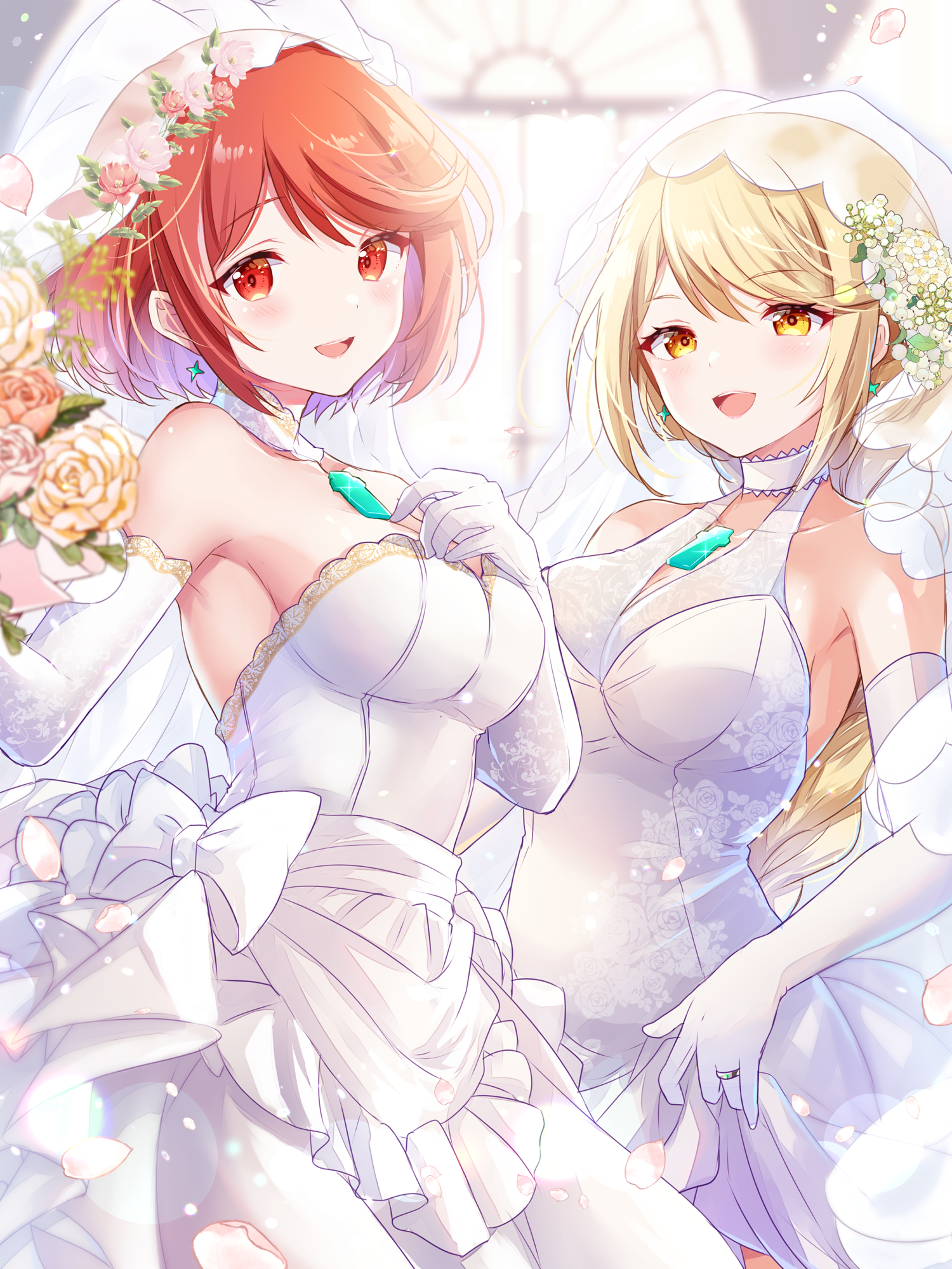 ui frara, mythra (xenoblade), pyra (xenoblade), xenoblade chronicles (series), xenoblade chronicles 2, commentary request, commission, highres, partial commentary, skeb commission, 2girls, blonde hair, blurry, blurry background, bob cut, bouquet, braid, breasts, cherry blossoms, collar, cowboy shot, detached collar, dress, earrings, flower, gloves, halter dress, halterneck, hand on own chest, holding, holding bouquet, indoors, jewelry, long hair, looking at viewer, multiple girls, open mouth, petals, red eyes, red hair, ring, rose, see-through clothes, see-through veil, short hair, skirt hold, smile, strapless, strapless dress, teeth, upper teeth only, veil, wedding dress, wedding ring, white collar, white dress, white gloves, white veil, window, yellow eyes