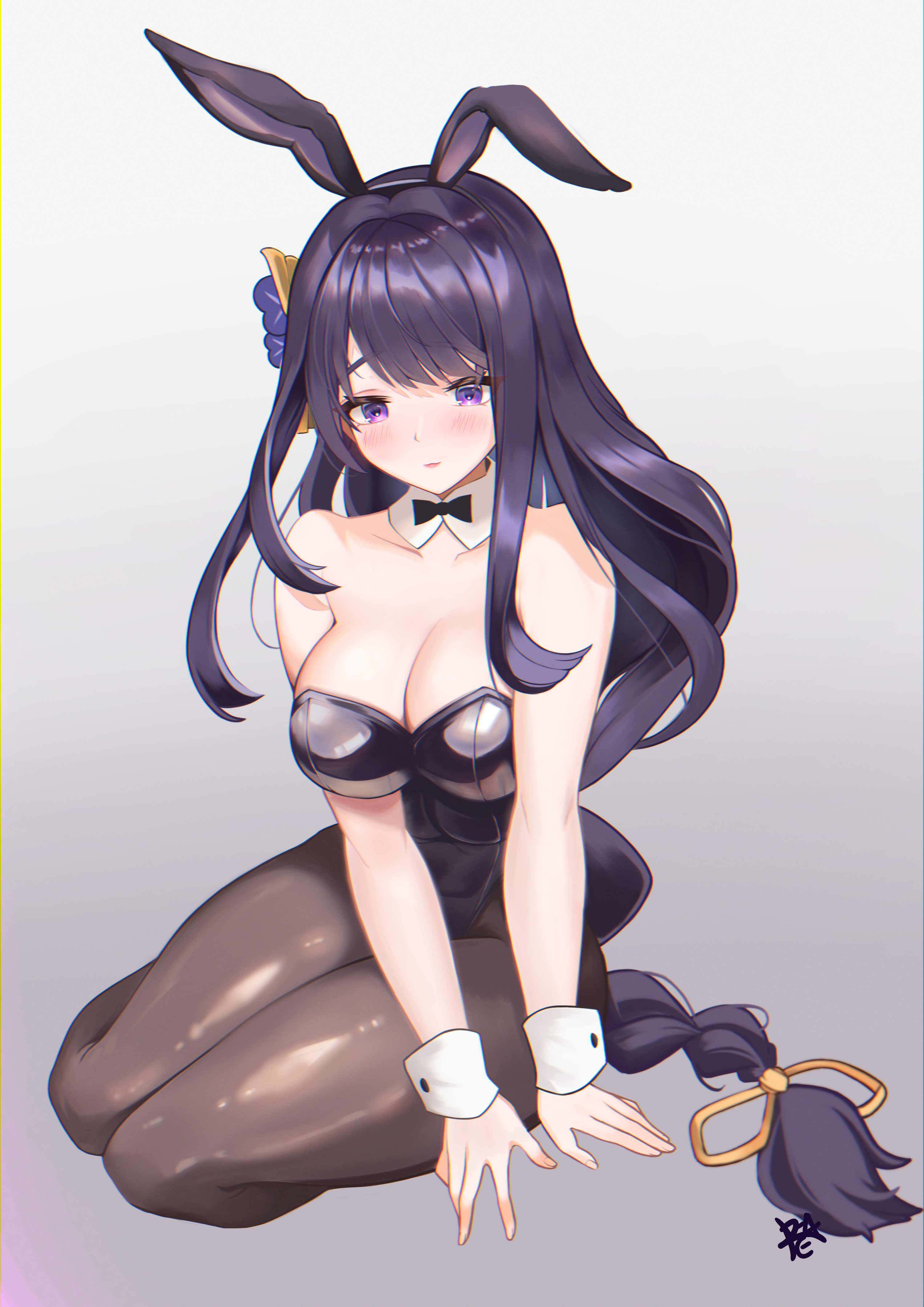 r4chel, raiden shogun, genshin impact, absurdres, commentary request, highres, 1girl, alternate costume, animal ears, bare shoulders, black bow, black bowtie, black pantyhose, blunt bangs, blush, bow, bowtie, braid, breasts, cleavage, collarbone, detached collar, fake animal ears, formal clothes, gradient background, grey background, hair ornament, hair ribbon, large breasts, leaning to the side, long braid, long hair, looking at viewer, no mole, open mouth, pantyhose, playboy bunny, purple eyes, purple hair, rabbit ears, ribbon, shade, shy, single braid, sitting, solo, suit, thick thighs, thighs, wrist cuffs