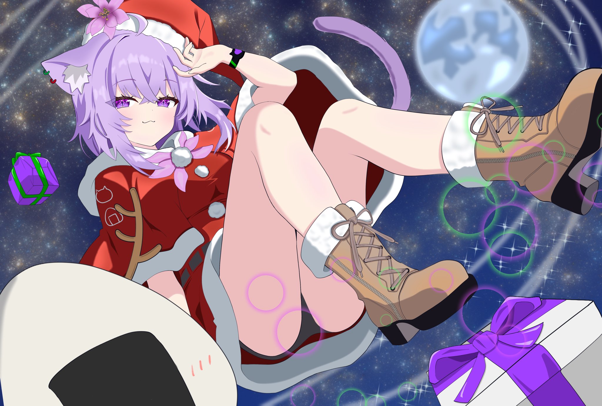 nekomata okayu, hololive, commentary request, highres, 1girl, animal ears, cat ears, cat girl, cat tail, christmas, christmas present, gift, hat, purple eyes, santa hat, tail