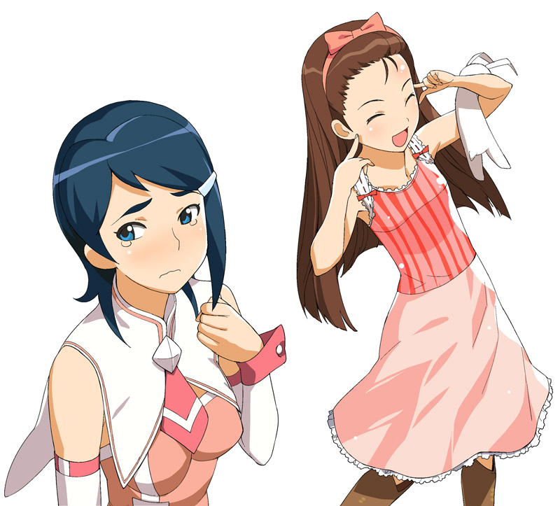a1 (initial-g), minase iori, mizutani eri, idolmaster, idolmaster (classic), 00s, 2girls, blue eyes, blue hair, brown hair, closed eyes, cute & girly (idolmaster), hair ribbon, multiple girls, ribbon, smile, tears