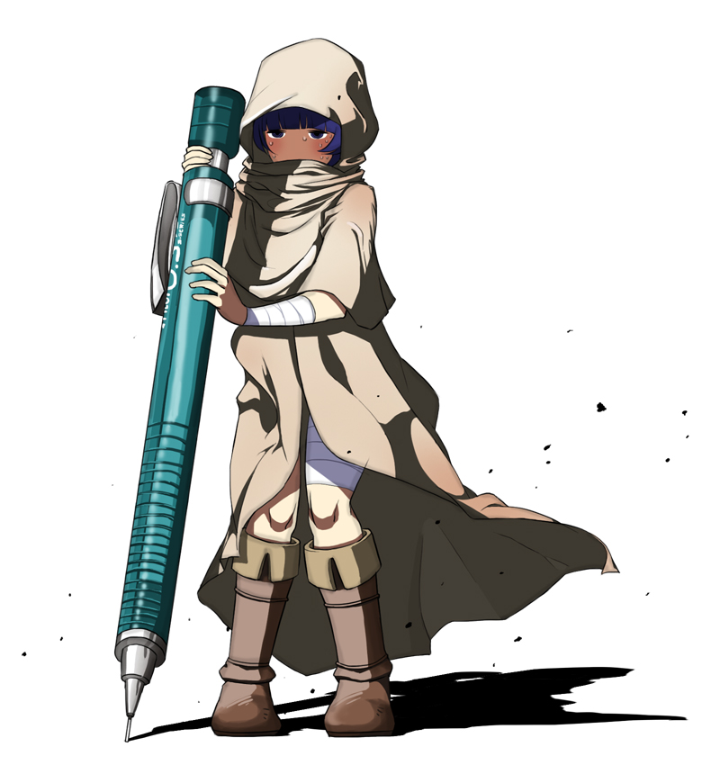 oyatsu (mk2), 1girl, androgynous, bandages, blue eyes, blue hair, boots, female focus, holding, holding pencil, hood, hooded coat, matching hair/eyes, mechanical pencil, mini person, minigirl, no nose, pencil, solo, standing, sweat, white background