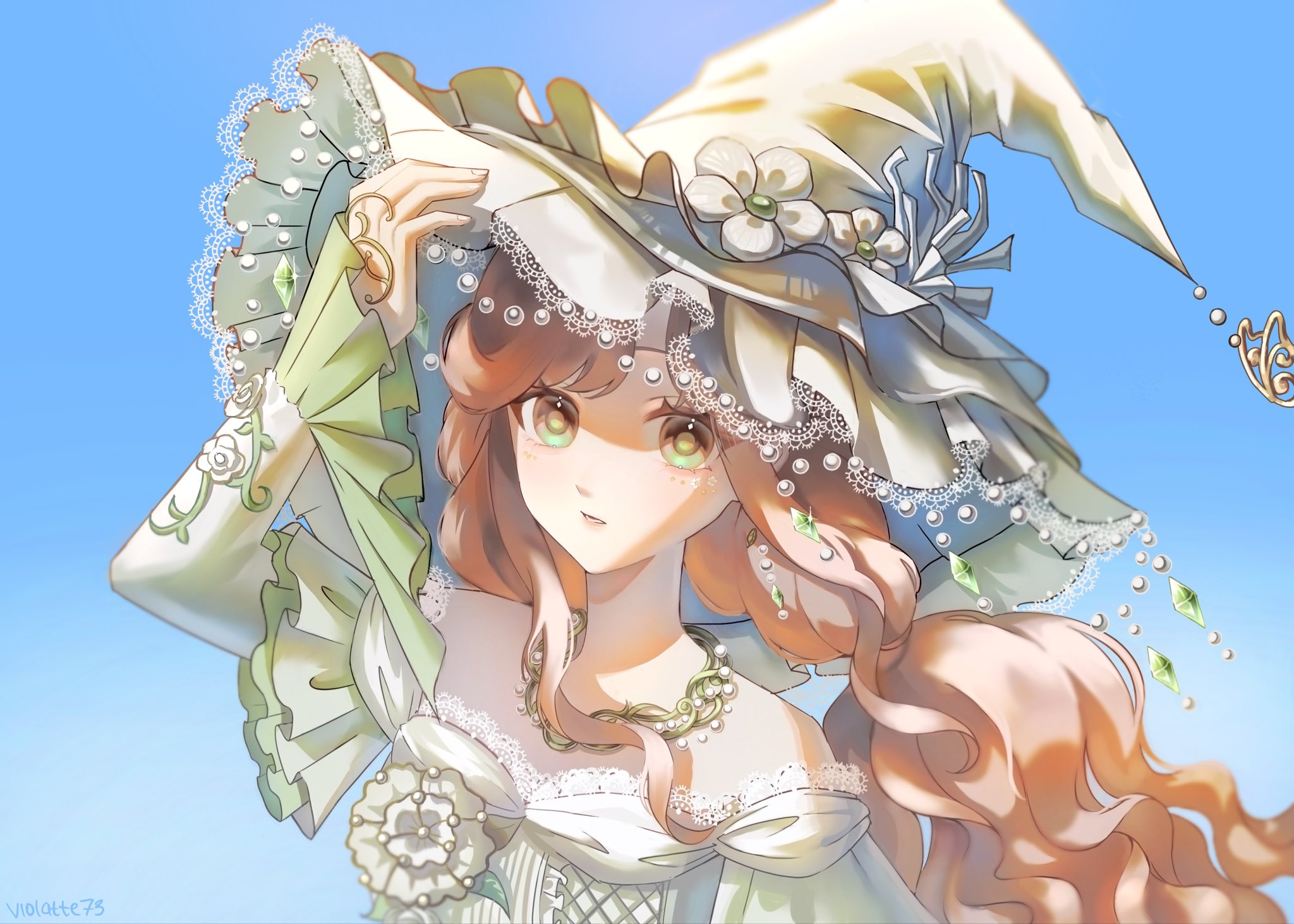violatte73, rainfall & blossoms (infinity nikki), infinity nikki, nikki (series), commentary, english commentary, highres, 1girl, bead necklace, beads, blue sky, bow, brooch, brown hair, butterfly hat ornament, day, dot nose, dress, expressionless, eyelashes, facial tattoo, floating hair, flower, flower brooch, flower tattoo, frilled headwear, frilled sleeves, frills, gem, green dress, green eyes, green gem, green hat, green pupils, hand on headwear, hat, hat bow, hat flower, hat ornament, jewelry, lace, lace-trimmed dress, lace-trimmed headwear, lace trim, layered sleeves, light blush, lips, long hair, long sleeves, necklace, off-shoulder dress, off shoulder, outdoors, parted lips, short over long sleeves, short sleeves, sidelocks, signature, sky, solo, tattoo, upper body, wavy hair, white bow, white flower, wind, witch