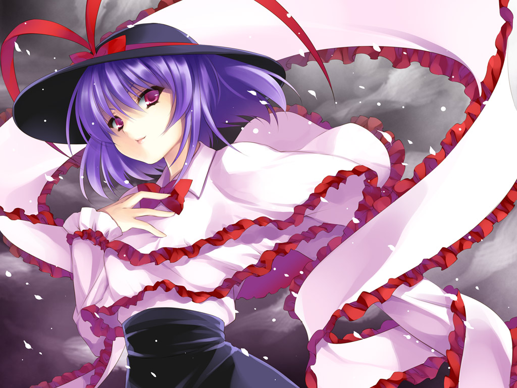ayase hazuki, nagae iku, touhou, 1girl, blue hair, female focus, hat, red eyes, shawl, solo